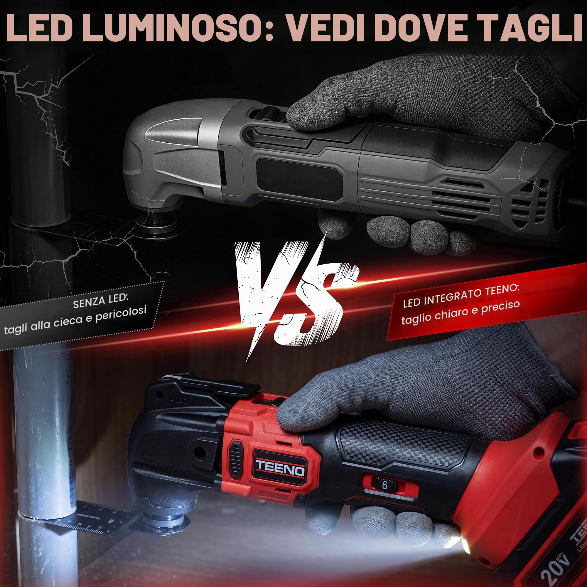 Strumento multifunzione oscillante senza fili 20 V, Brushless strumento multifunzione senza fili con 6 velocità, 1 batteria da 4,0 A, 8500 – 21000 giri/min, caricabatterie, angolo oscillante 4°, per