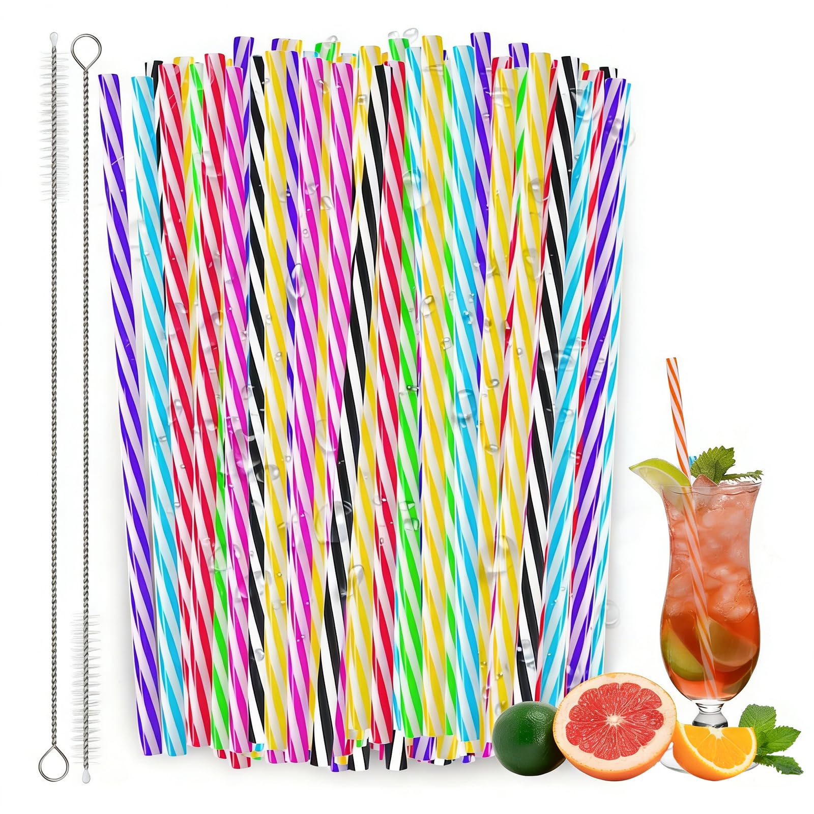 100Pcs Reusable Plastic Straws, Colorful Striped Drinking Straw with Cleaning Brush, Dishwasher Safe, Plastic Straws for Family Bars Cafes BBQ Parties, Straw for Smoothies, Juice, Cocktail, Milk, Tea