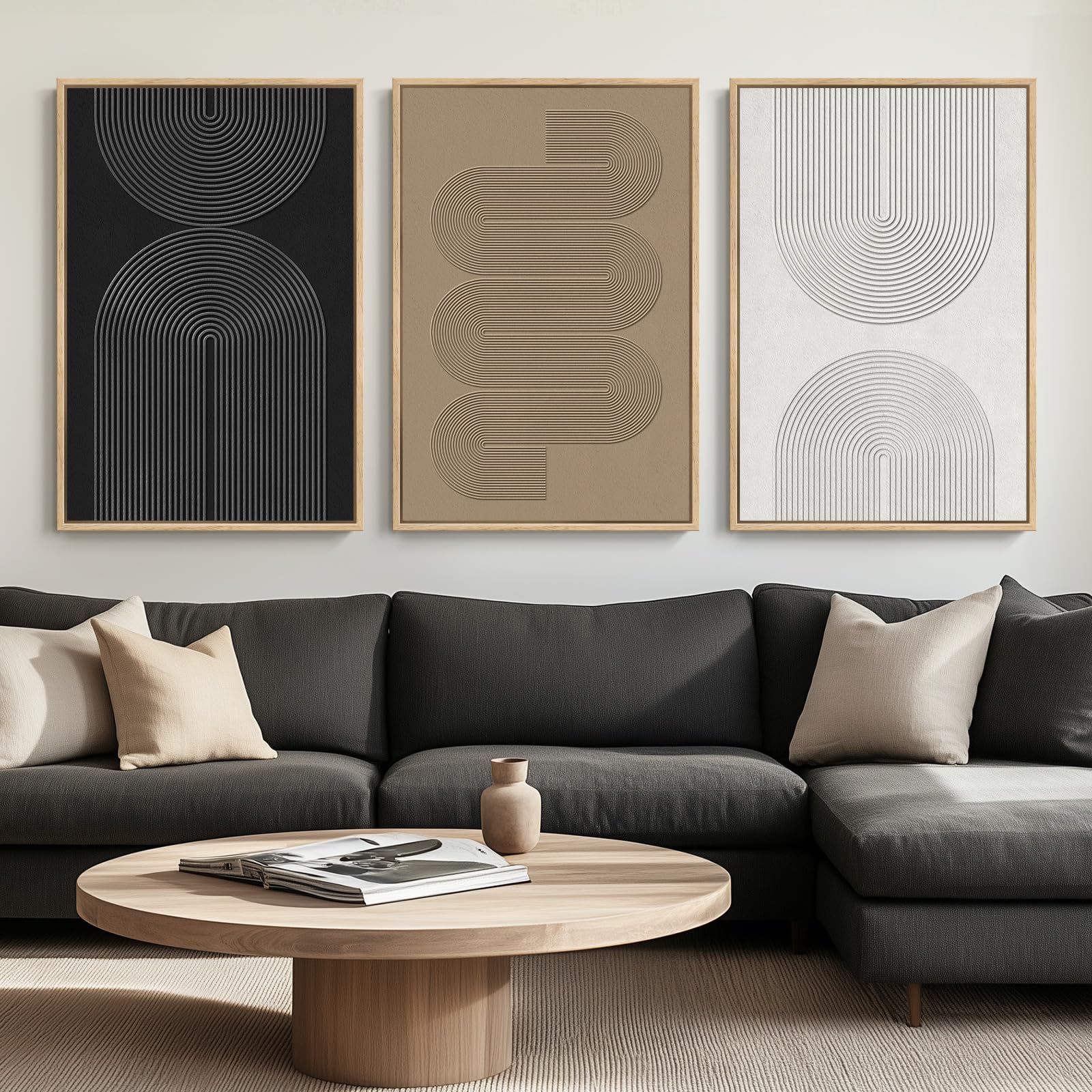 Large Framed Black and White Neutral Abstract Wall Art, 3 Piece Minimalist Canvas Prints Paintings Artwork for Walls, Boho Geometric Pictures for Living Room Hallway Office Wall Decor Total 30x60 In