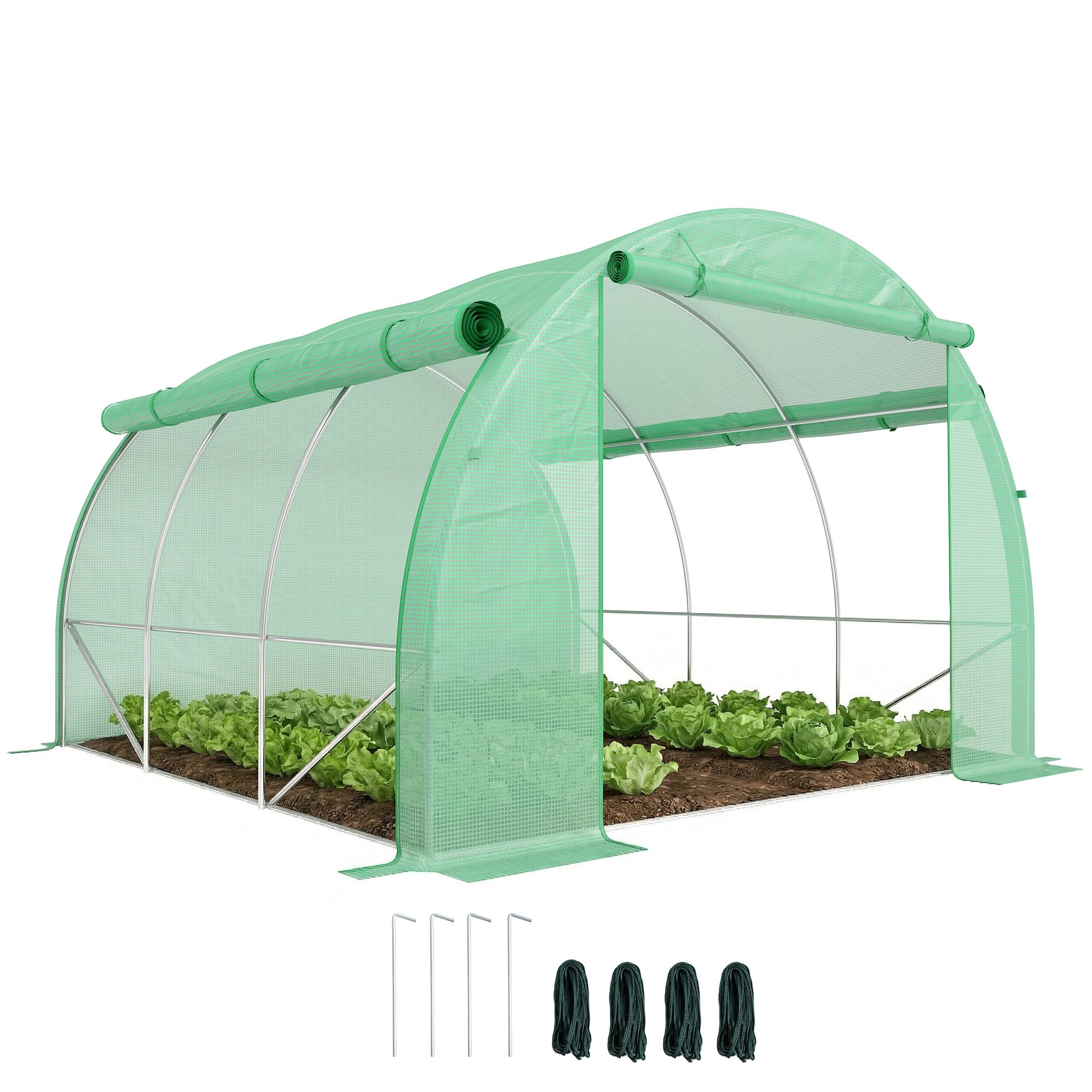 Outsunny 3 x 3 x 2 m Polytunnel Greenhouse with Roll-up Side Walls, Walk-in Grow House Tent with Steel Frame, Reinforced Cover, Zipped Door and 6 Mesh Windows for Garden, Green — image 1