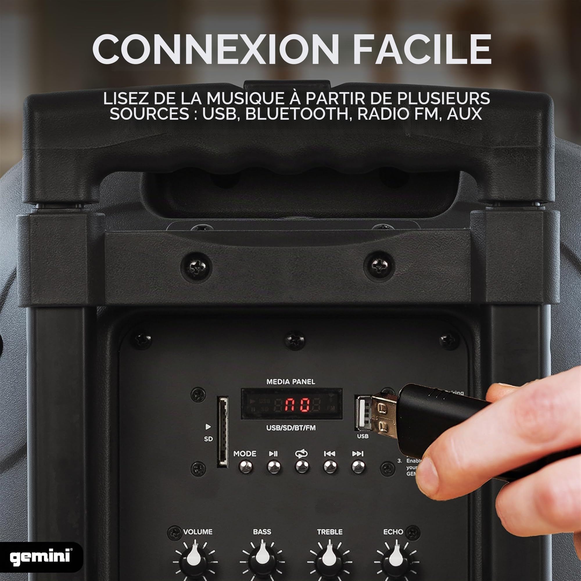 Gemini AS-12TOGO 1500W Noir haut-parleur - Hauts-parleurs (2-voies, Avec fil &sans fil, 3,5mm/USB/Bluetooth, 1500 W, 40 - 19000 Hz, Noir)