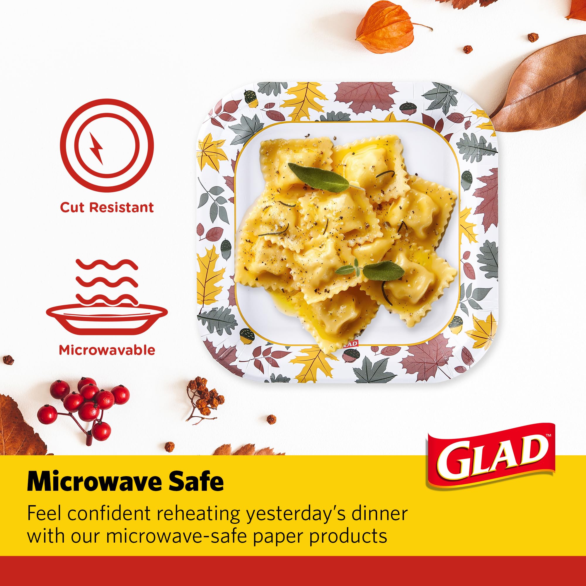 Glad Everyday Lot de 24 assiettes carrées jetables en carton avec motif feuillage tombant, résistantes aux coupes, passent au micro-ondes pour tous les aliments et un usage quotidien, 25,4 cm, 20