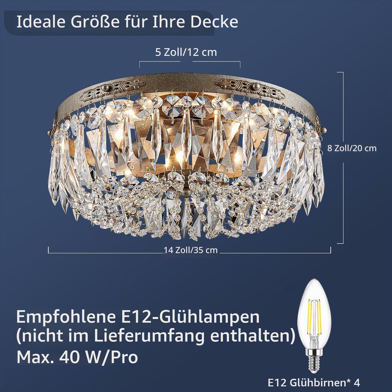 BESTIER Antique Silver Französisch Empire Crystal Semi Unterputz Kronleuchter Beleuchtung LED-Deckenleuchte Lampe für Esszimmer Badezimmer Schlafzimmer Wohnzimmer 4 E14 Lampen erforderlich