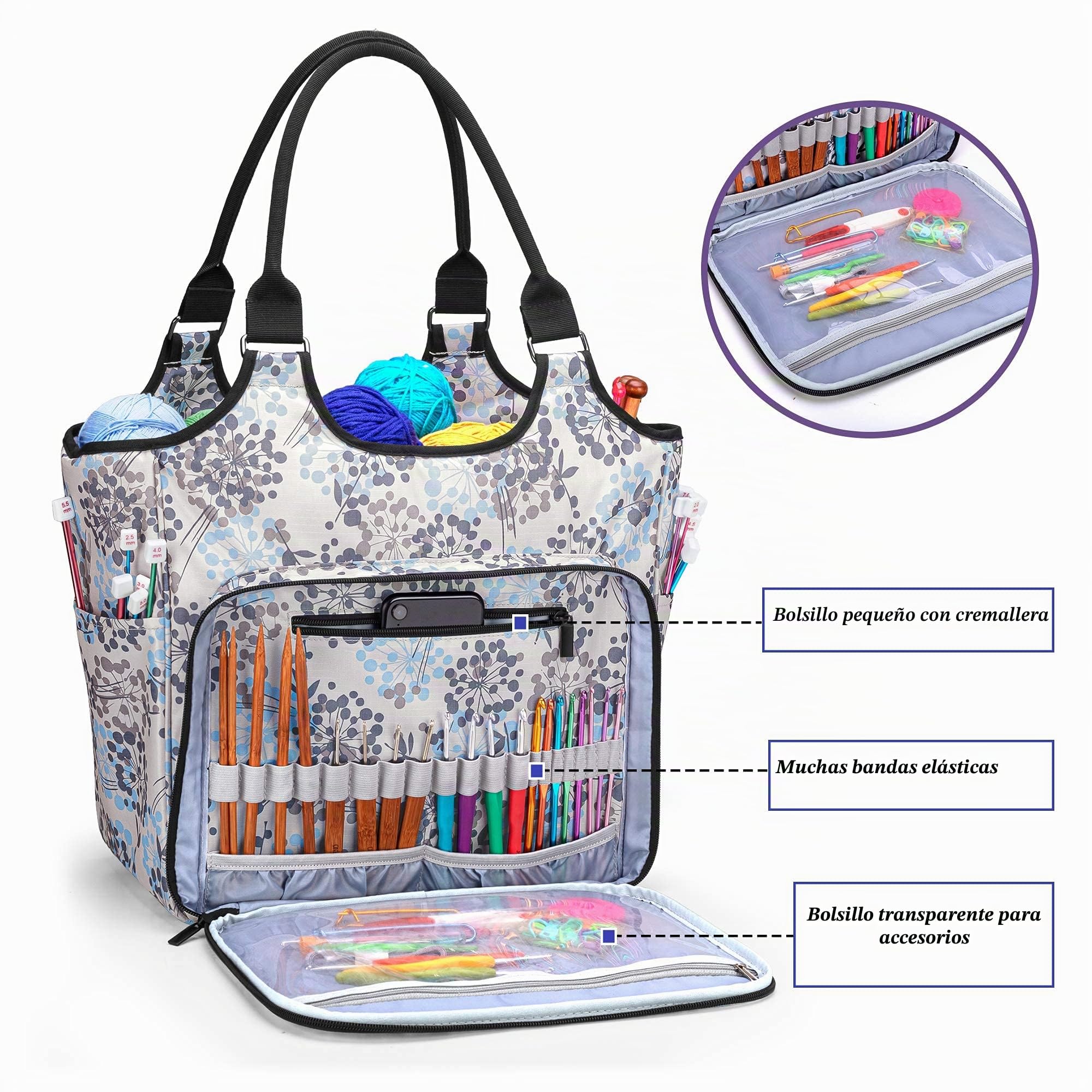 Yarwo Bolsa de Tejer Portátil, Organizador para Lanas, Bolsa de Almacenamiento para Hilos Agujas, Labores de Tejer, Ganchillos y Otros Accesorios de Tejer,Diente de León, (Sola Bolsa)