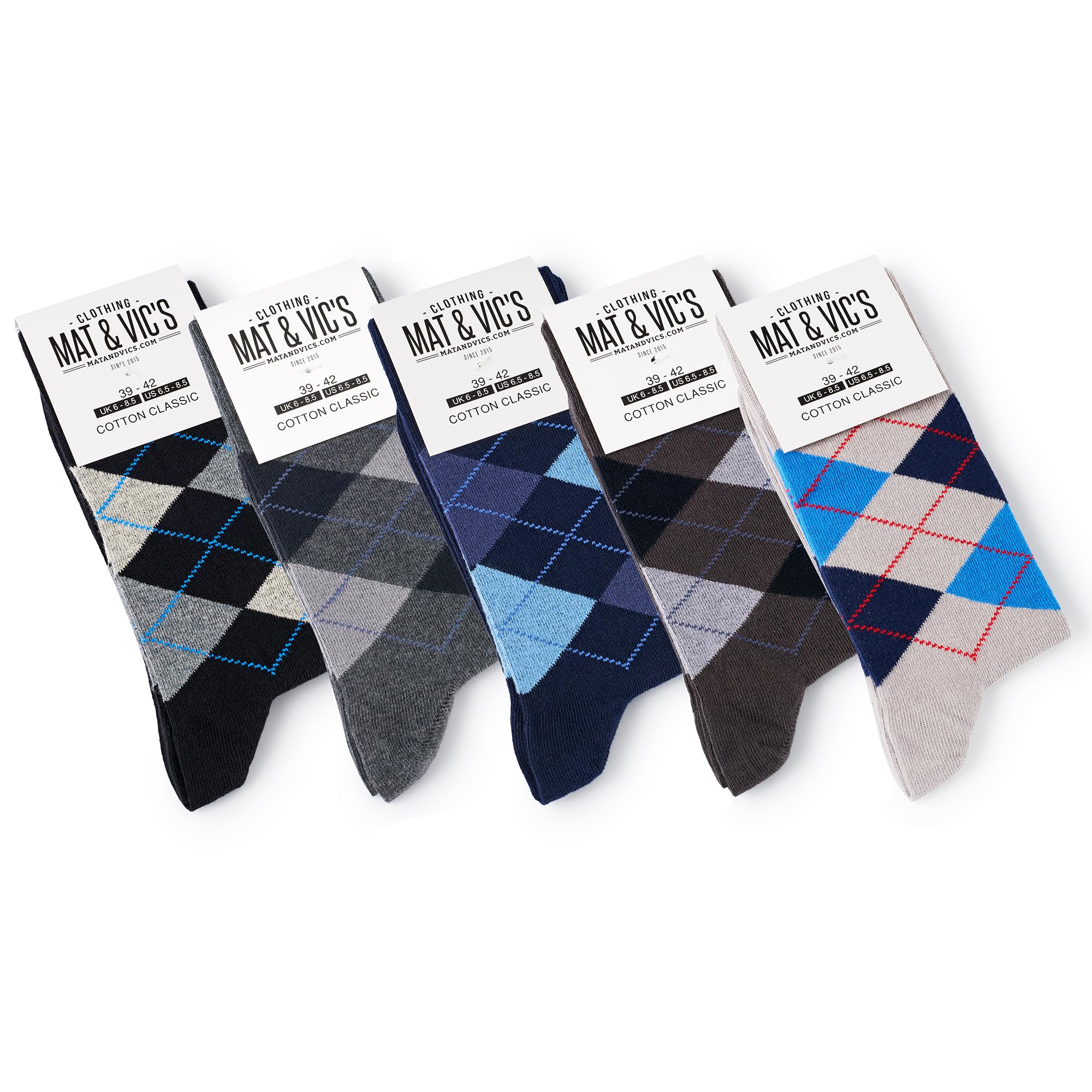 Mat & Vic's Socken Herren 47-50, feine Strümpfe aus Cotton Baumwolle gekämmt, Herrensocken für Freizeit, für Business Männer Damen, Jeans Mix 1 - kariert Raute gemustert, 5 Paar