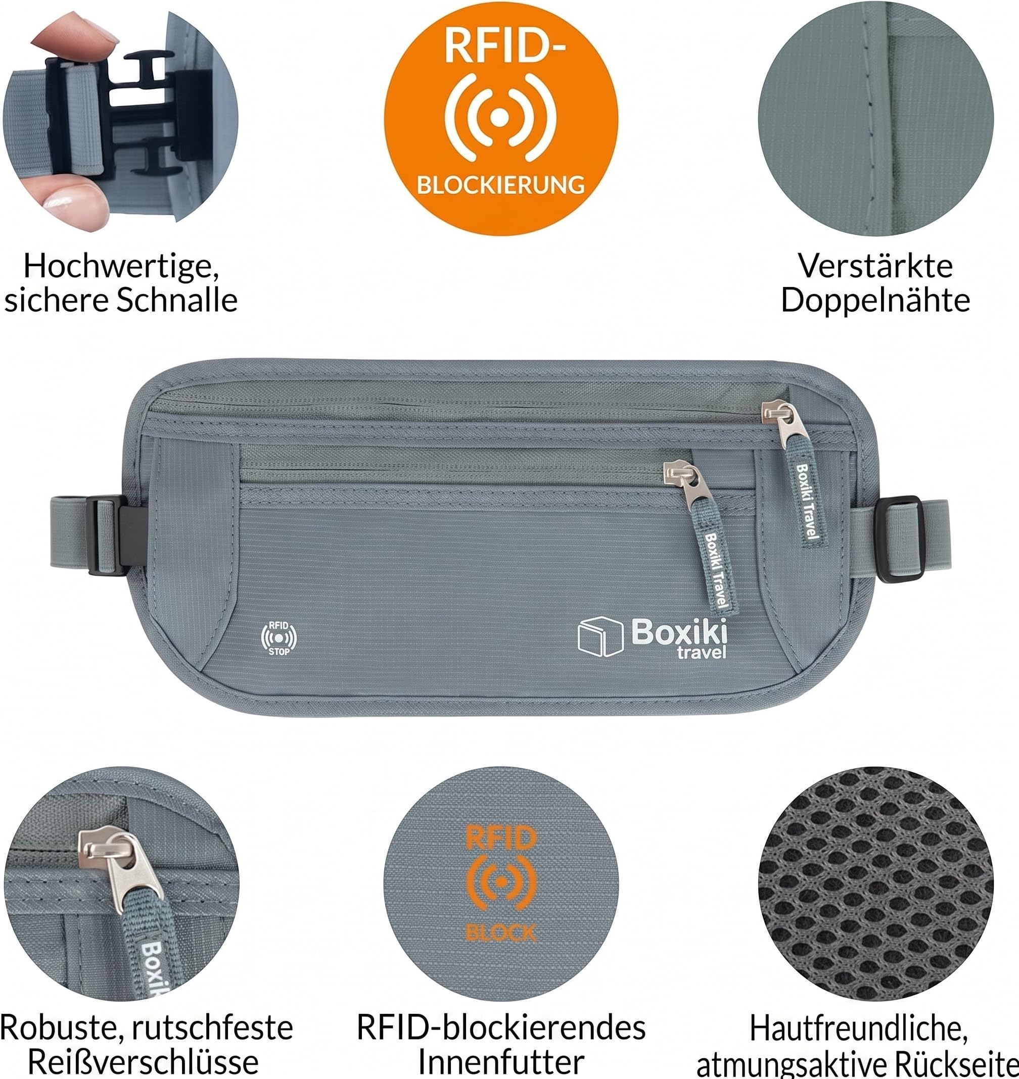Boxiki Travel Grauer Geldgürtel + RFID-Hüllen 8 Stück (3 Kreditkarten- und 1 Reisepasshülle in Marineblau sowie 3 Kreditkarten- und 1 Reisepasshülle in Weiß)