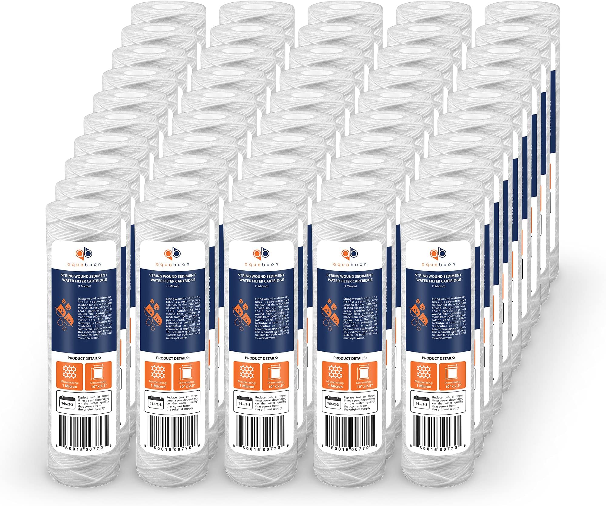 Aquaboon Whole House 1 Micron String Wound Water Filter 10 x 2.5 Cartridge for Well Water Filter Replacement Compatible with WHKF-WHSW, AP110, 50-Pack