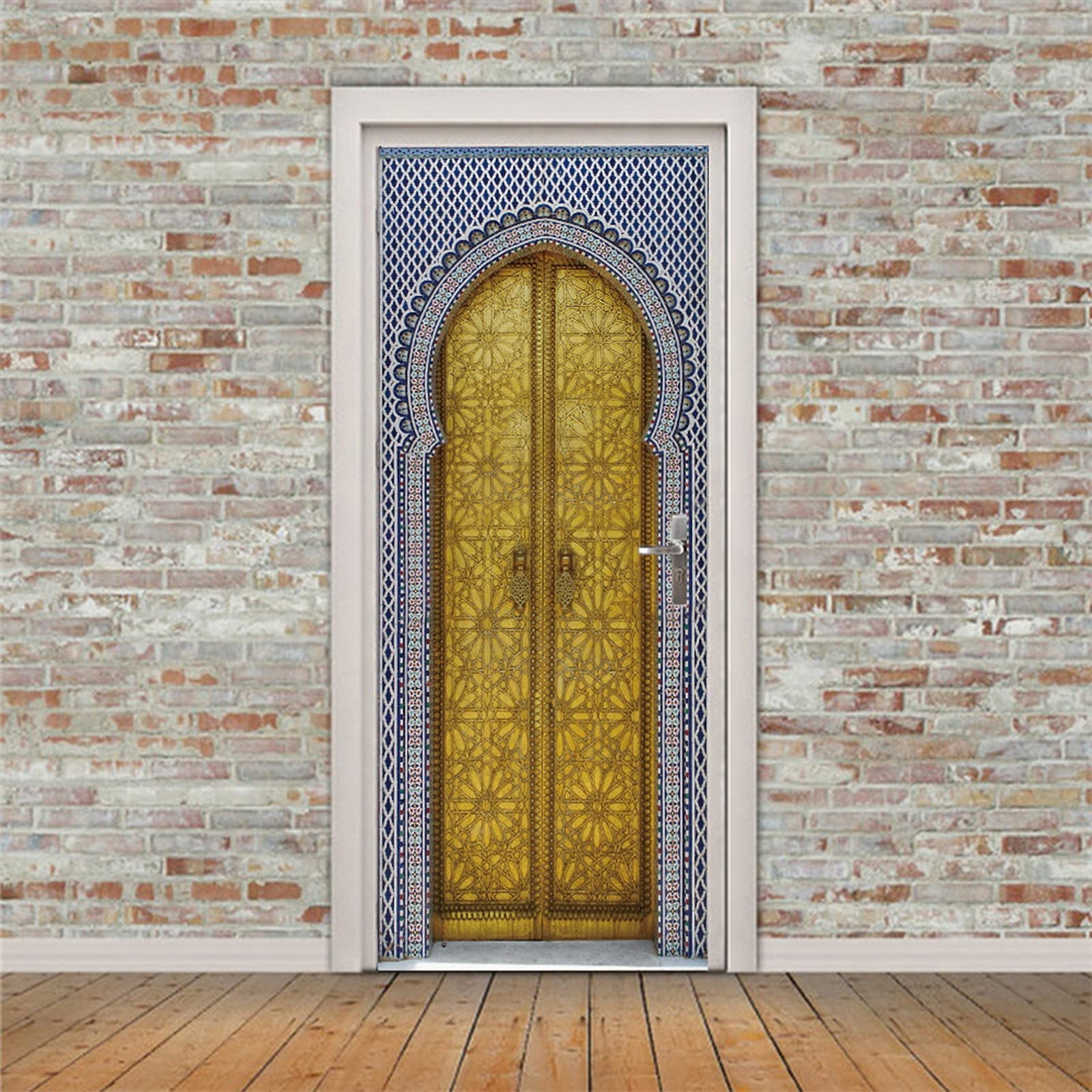 A.Monamour Adesivo Porta Autoadesiva Porta D'Oro Del Palazzo Reale Con Piastrelle A Mosaico A Fez In Marocco Vinile PVC Adesivi per Porte Interne 3D Pellicola Adesiva Poster Sticker Murale Parete