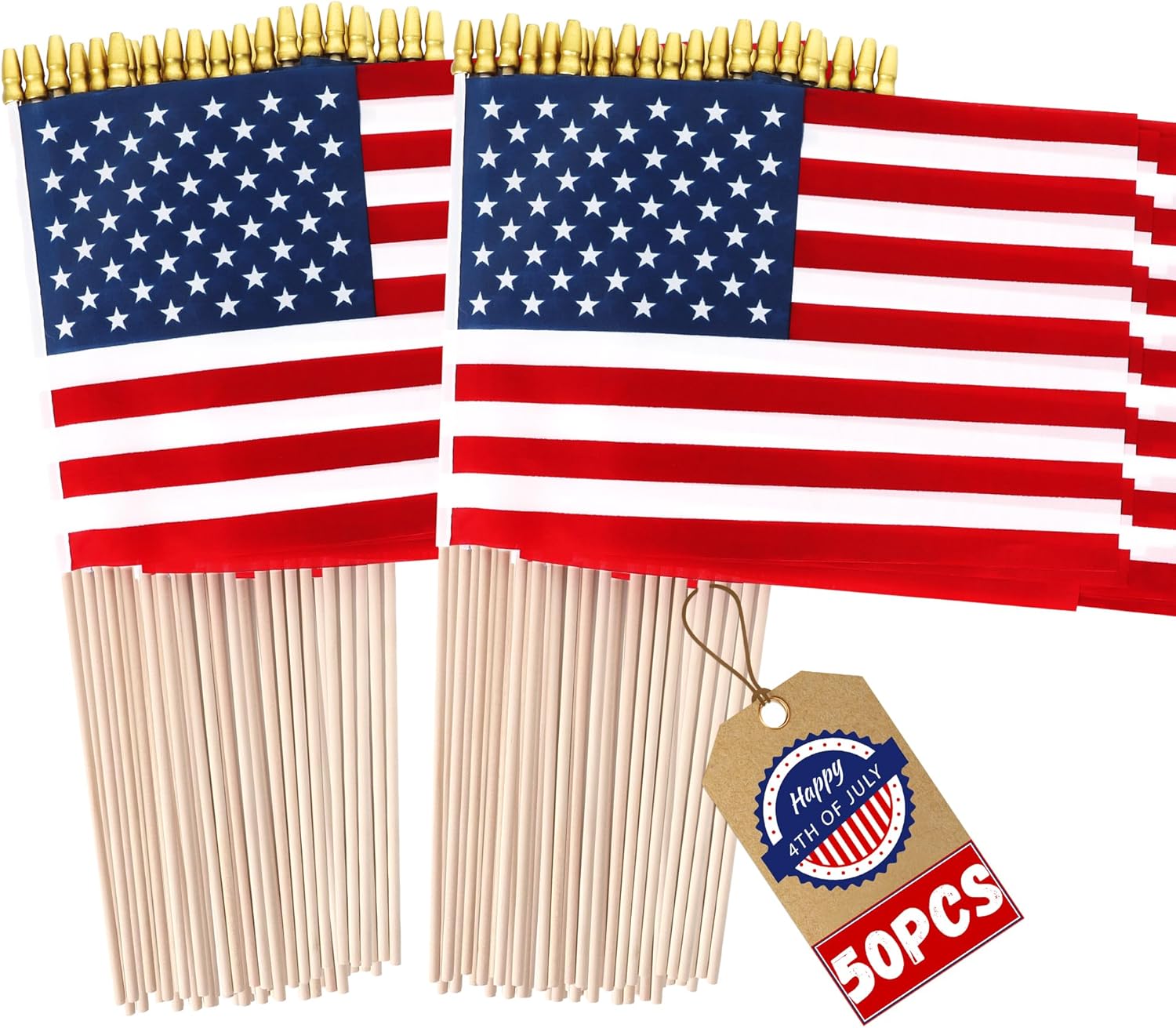 50 PCS 4th of July Decorations, 8 x 12 Inches Small American Flags on Stick, Wrinkle Resistant Memorial Day Flags Fourth of July Flag, Patriotic USA Decor Veterans Day Parade Accessories