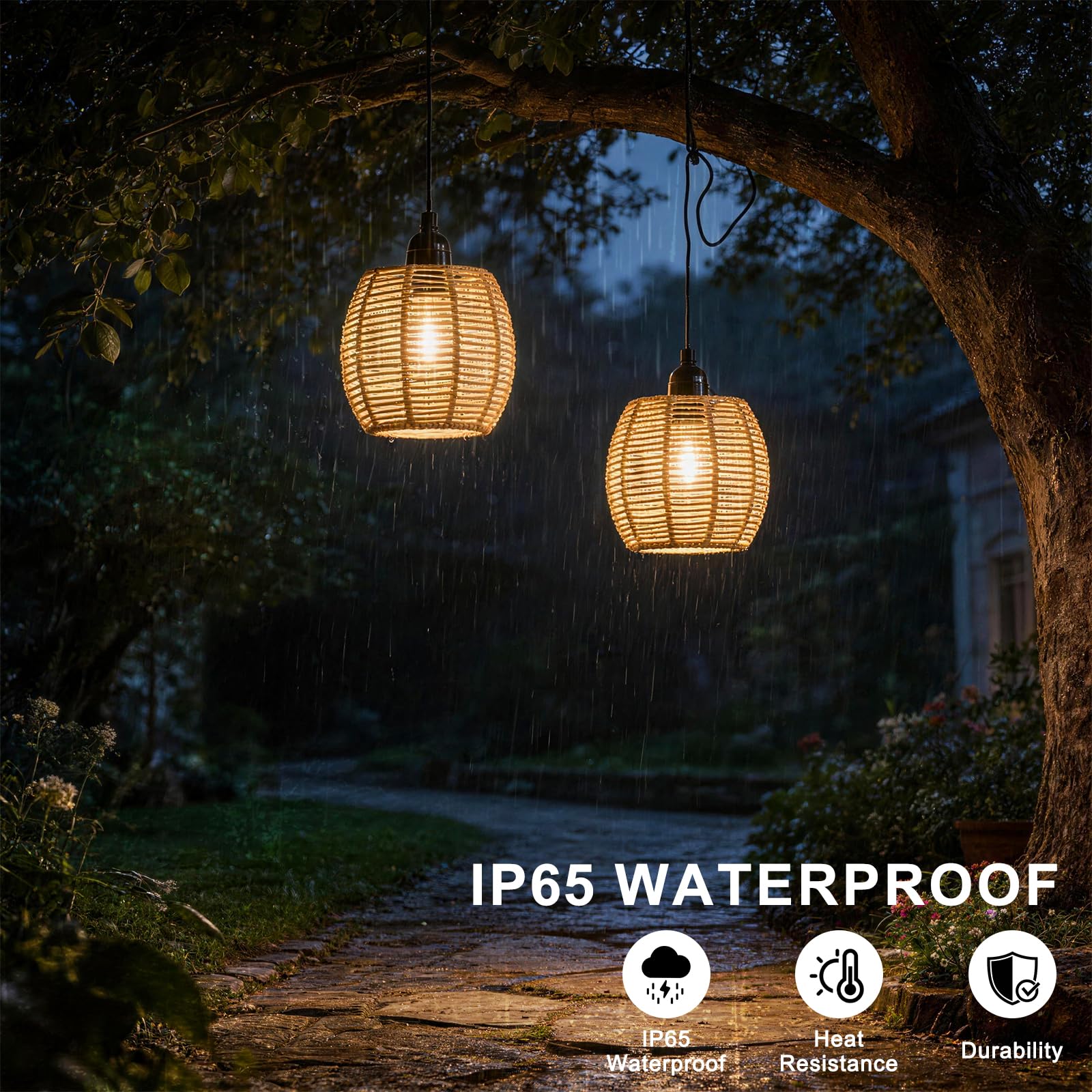 2 Lámparas Colgantes con Batería, Lámpara Exterior Techo Ratan IP65, Lampara Colgante Pilas con Mando y Bombilla Dimmable, Lámpara Colgante sin Cables para Terraza Jardín Salón Comedor