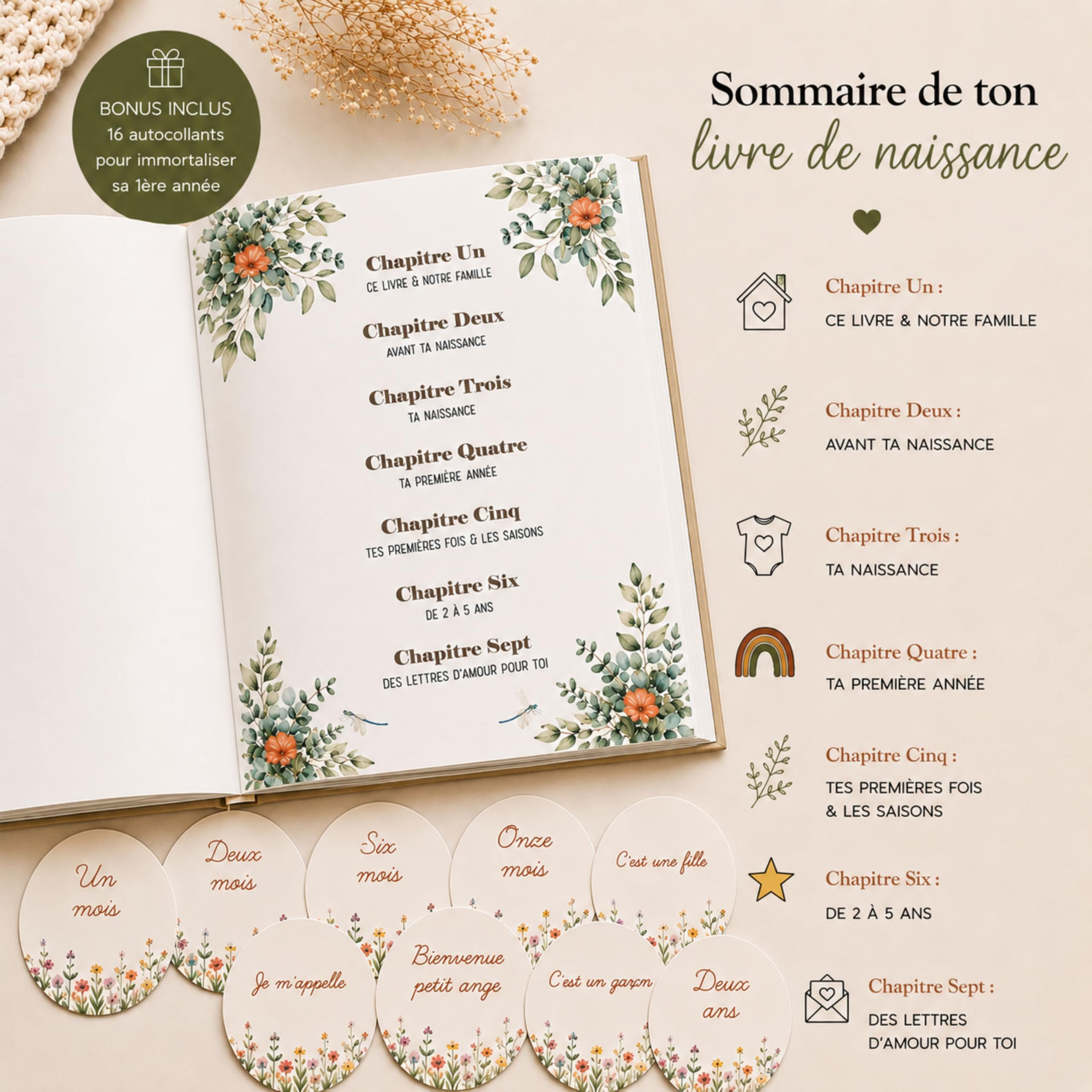 128 pagine copertina in lino – album fotografico di nascita e ricordo della nascita a 5 anni – primo anno del bambino, regalo di nascita, album ricordo + 16 adesivi