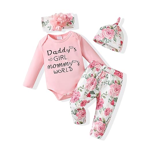 Renotemy Newborn Girl Clothes Outfits Gifts Long Sleeve Tops + Floral Pants Sets Spring Fall Winter Baby Girl Clothes 3-6 Months Pink Floral