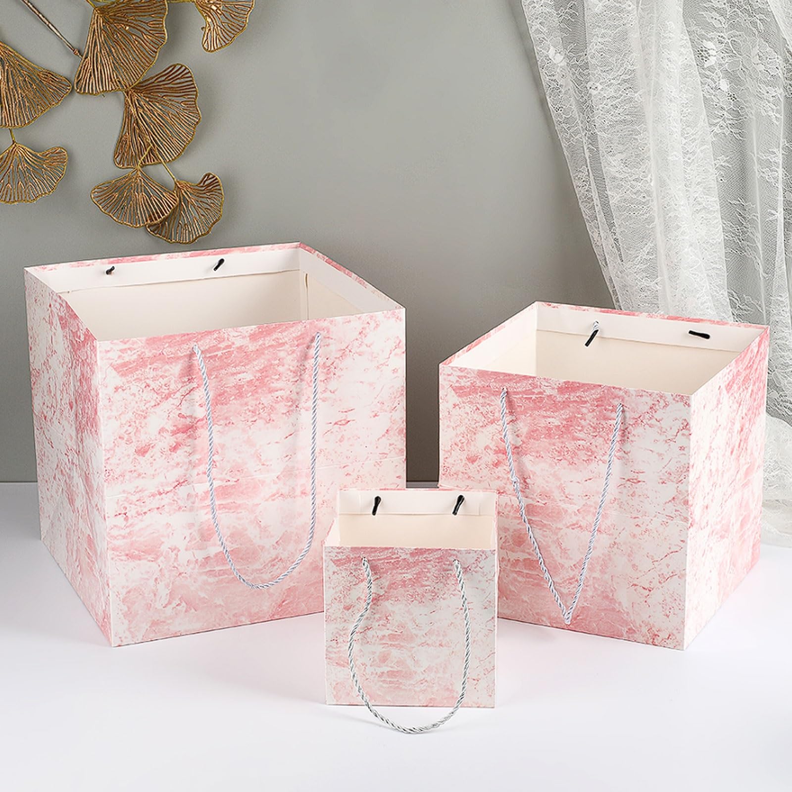 Paquete de 10 bolsas papel cuadradas mármol rosa premium, perfectas for regalos fiesta, cajas cumpleaños y compras elegantes(25 * 25 * 25cm)
