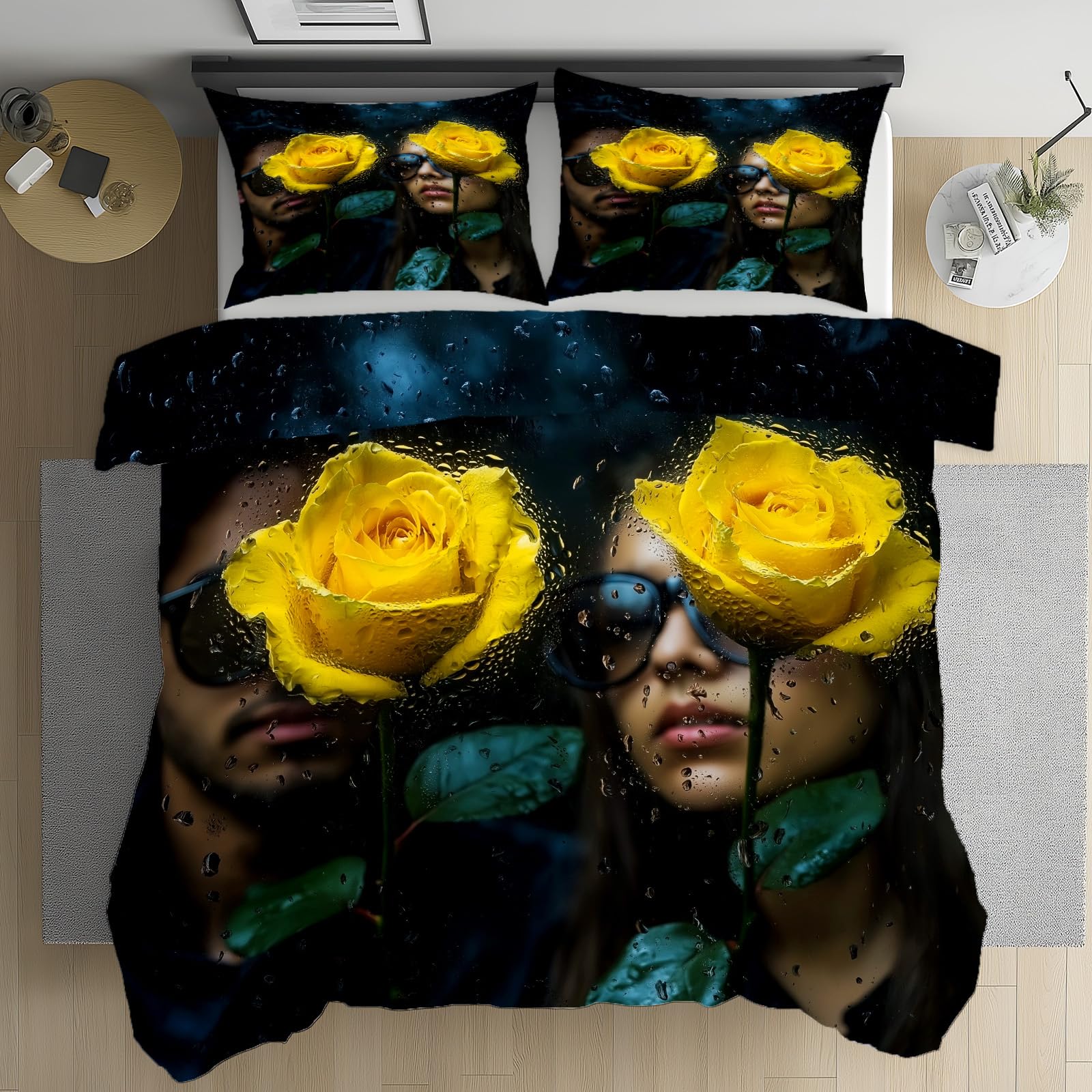 Housse de couette 220x240 avec motif fleur jaune plante en microfibre