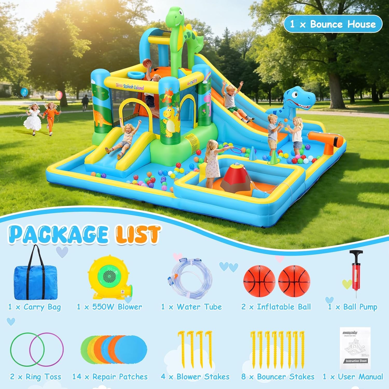 AKEYDIY Scivolo d'acqua gonfiabile, 13 in 1, parco acquatico con dinosauri per bambini dai 3 ai 12 anni, con due grandi piscine per bambini, scivolo lungo, gioco di lancio ad anelli, cannone ad acqua