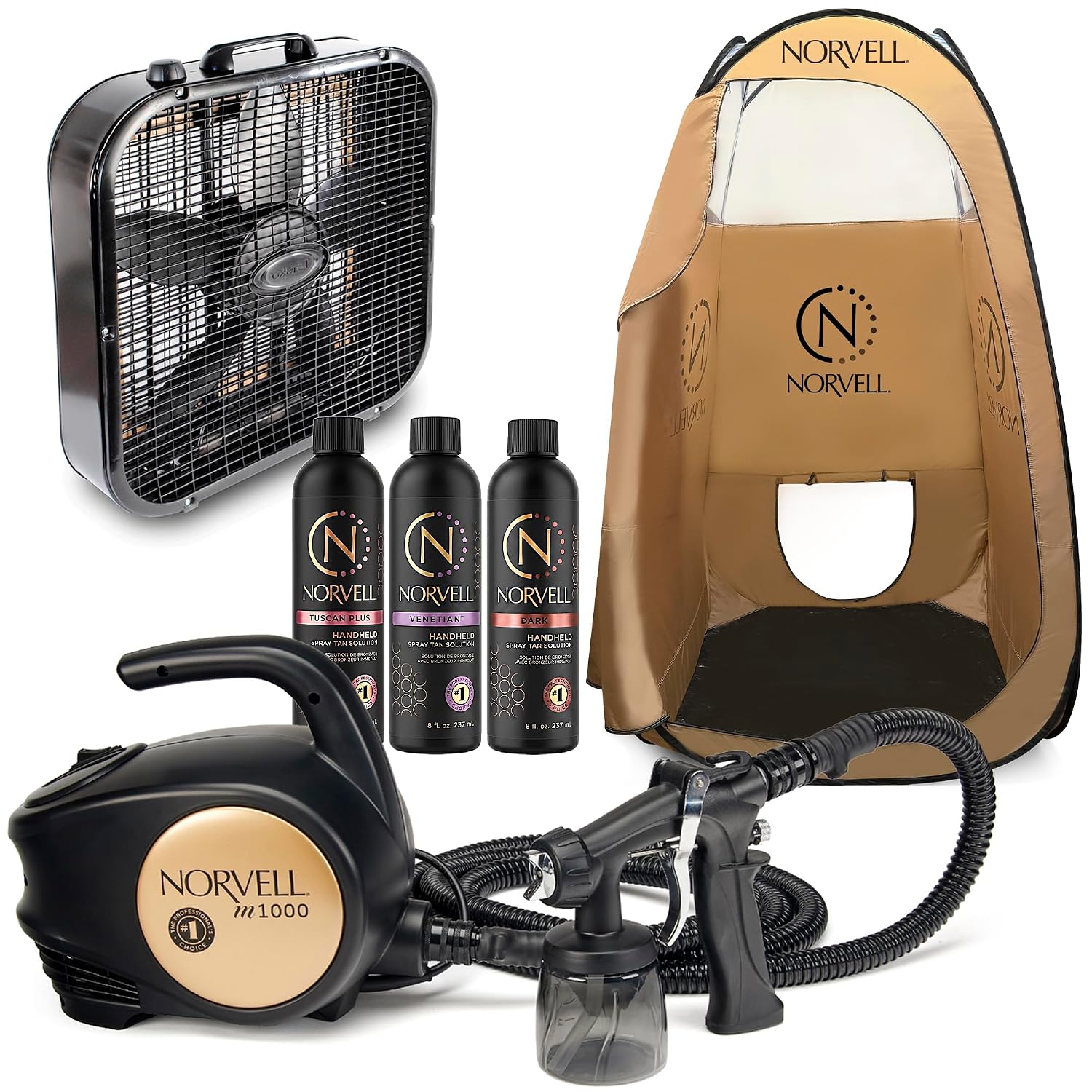 Norvell Sunless Tanning Kit - M1000 HVLP Spray Tan Airbrush Machine + Mobile Spray Room Pop-Up Tent, Overspray Reduction Fan, 8oz Tanning Solutions in Tuscan Plus, Venetian and Dark