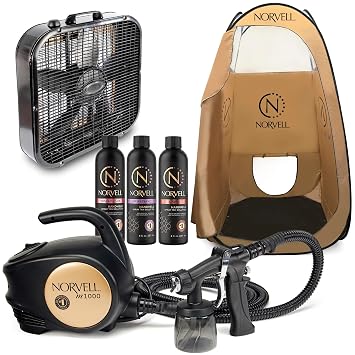 Norvell Sunless Tanning Kit - M1000 HVLP Spray Tan Airbrush Machine + Mobile Spray Room Pop-Up Tent, Overspray Reduction Fan, 8oz Tanning Solutions in Tuscan Plus, Venetian and Dark