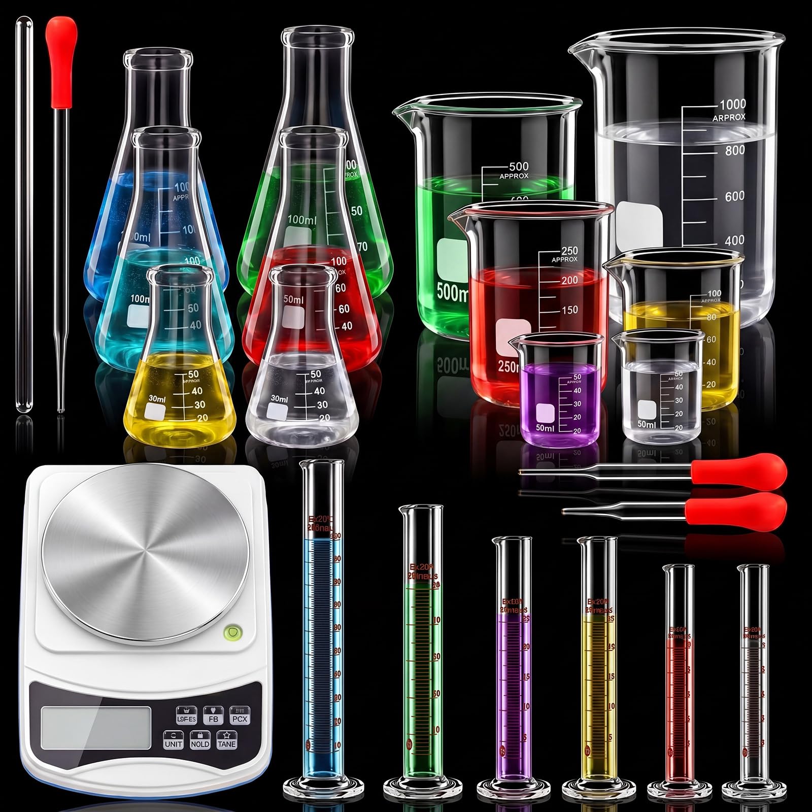 Tellegloww 31-teiliges Laborglaswaage-Set: 1 kg x 0,1 g Digitalwaage, 6 Messzylinder, 6 Becher-Set, 6 Glaspipetten, 6 Rührstäbe, 6 Messbecher für Labor, Wissenschaft, Chemie