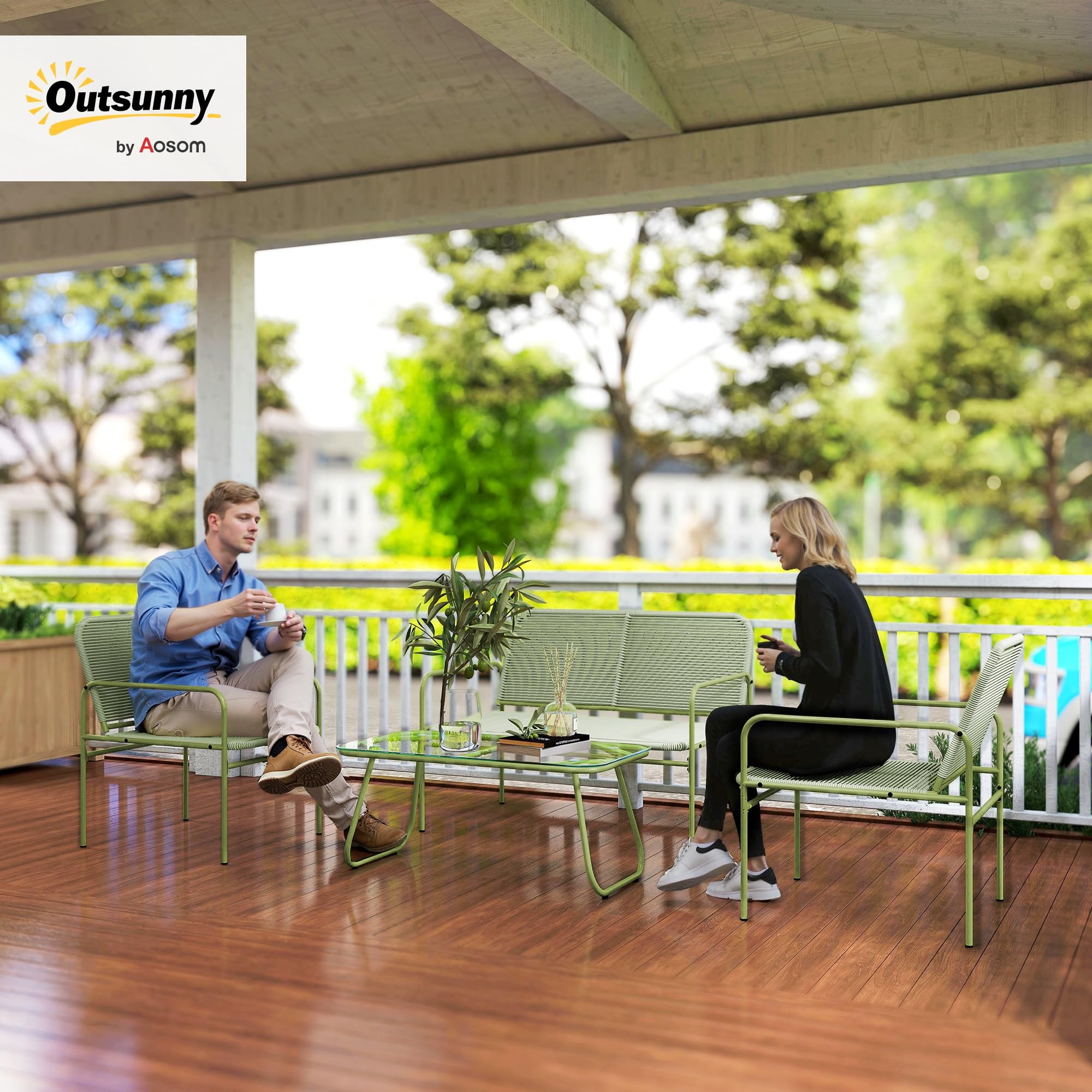 Outsunny Set Mobili Giardino Rattan 4 Pezzi Salotto Esterno Divanetto 2 Posti Poltrone Tavolino Caffè Vetro Verde