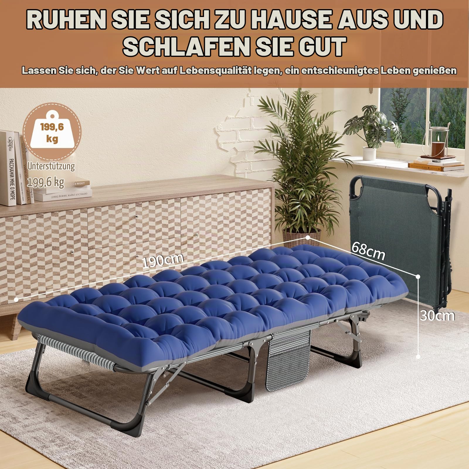 MOPHOTO Klappbett – Gästebett mit Matratze, Einzelbett, kompakt und platzsparend – zusammenklappbares Feldbett – 190 x 68 cm