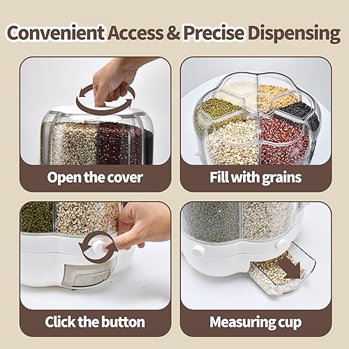 Miniatura 4 de Exquisite Home Dispensador de alimentos secos de 18 libras con 6 compartimentos, contenedor de arroz de rotación de 360, contenedor de