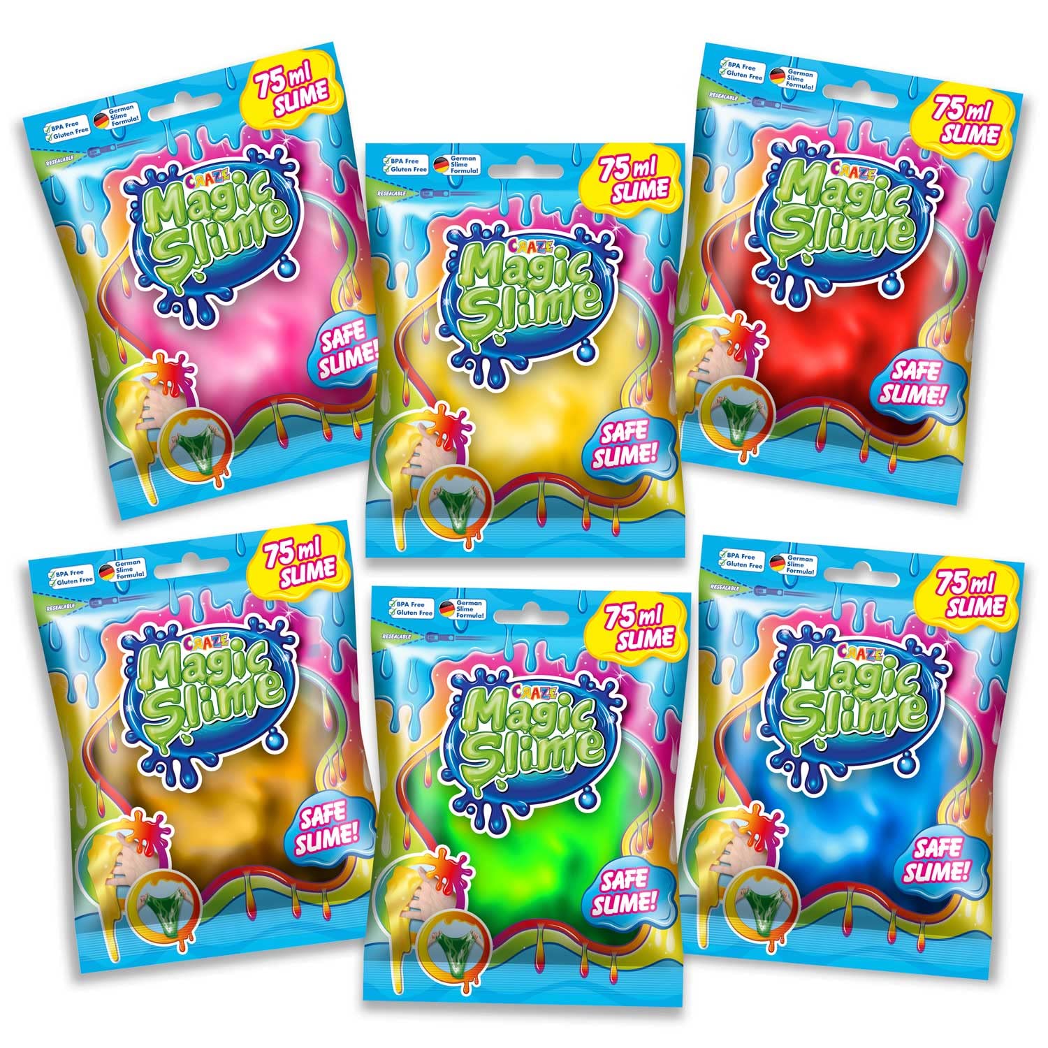CRAZE MAGIC SLIME for Kids 6 x 75ml Bags – Safe Slime Toys and Surprise Elements – Kids Slime, Creative Play Dough Alternative, Random Colours - Fun Gifts for Boys & Girls Ages 3+