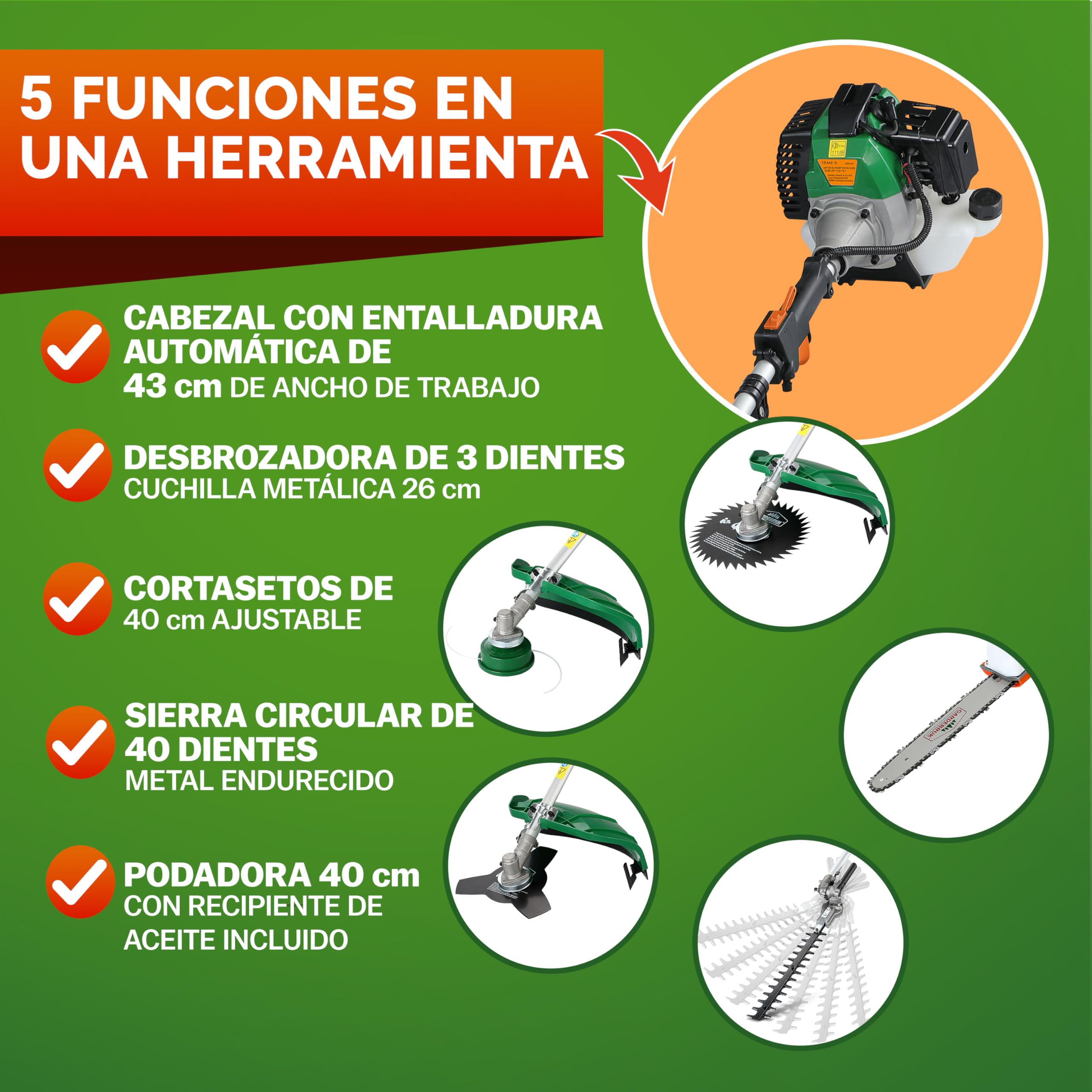 GARDEBRUK® Desbrozadora Gasolina Multifunción 5en1 Cortasetos Portátil Podadora Extensión 1m Motor 2 Tiempos 52 CC Correa Hombro Ajustable Mango Largo