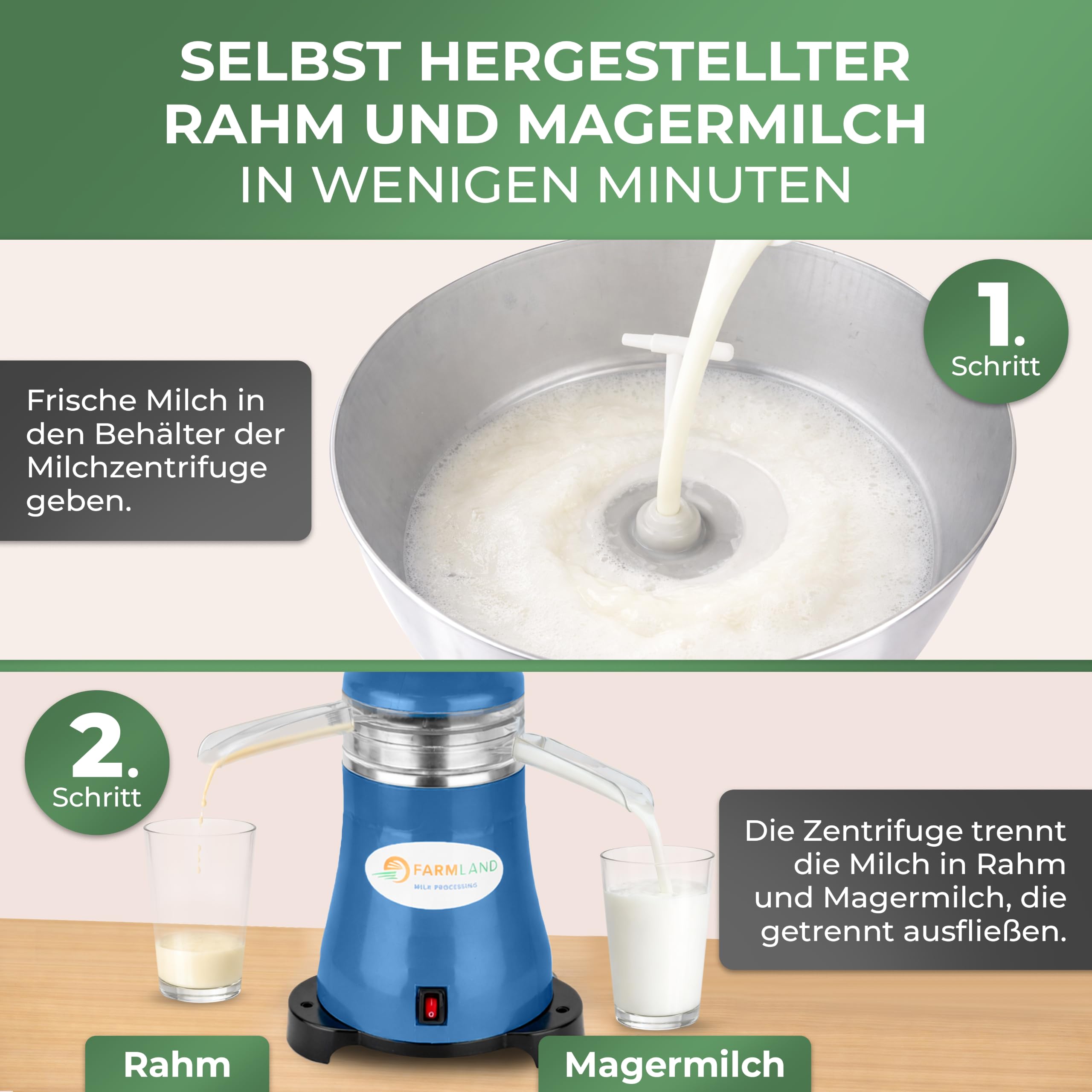Farmland Milchzentrifuge elektrisch - Leistungsstarker Milchseparator für 90 l/h - Hochwertiger Milchabscheider - Zentrifuge Milch für Anfänger & Profis - Einstellbare Rahmmenge 7-10%