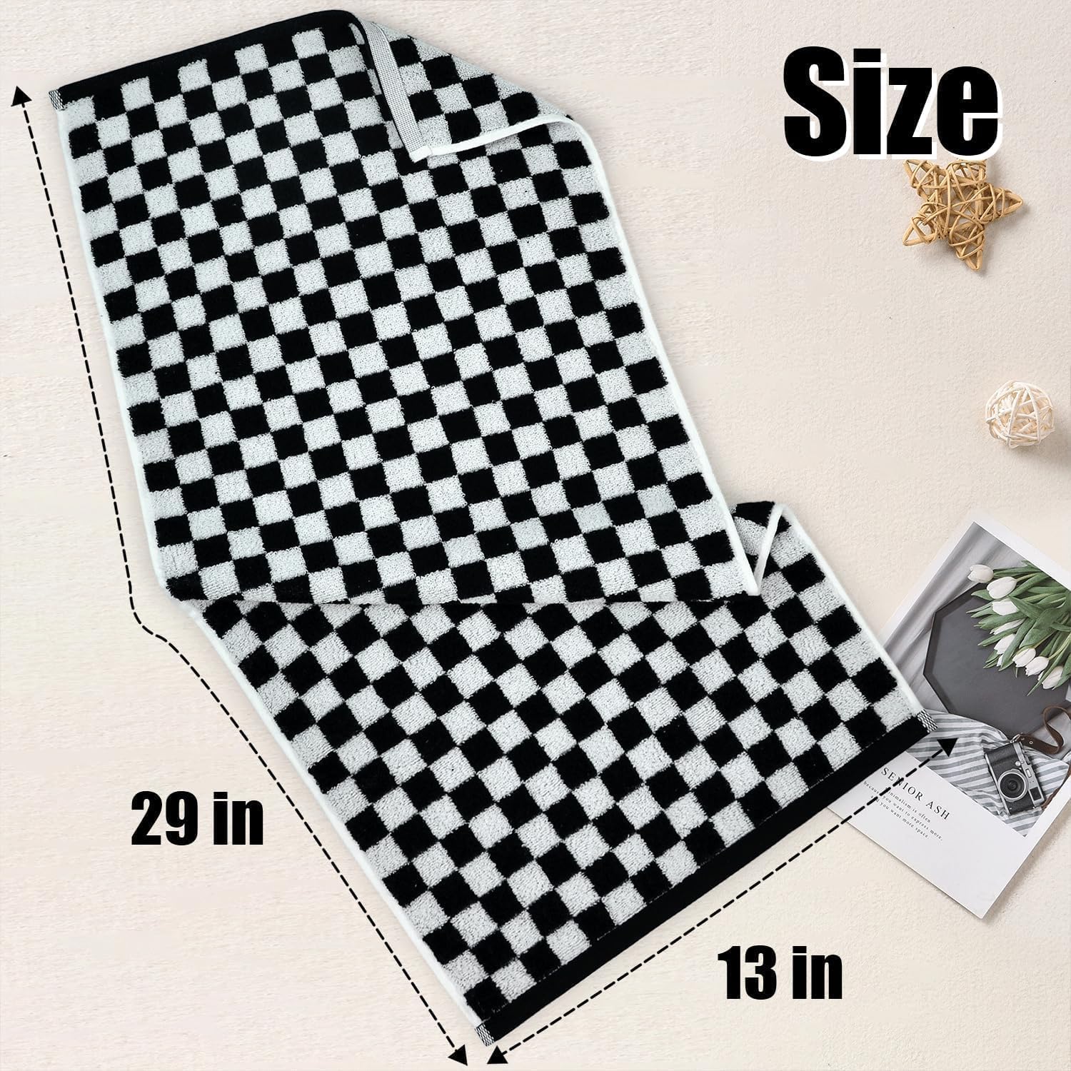 Jacquotha and White Hand Towels 4 Pack, Cotton Decorative Bathroom Hand Towels & Checkered Kitchen Decor, 13" x 29": Black