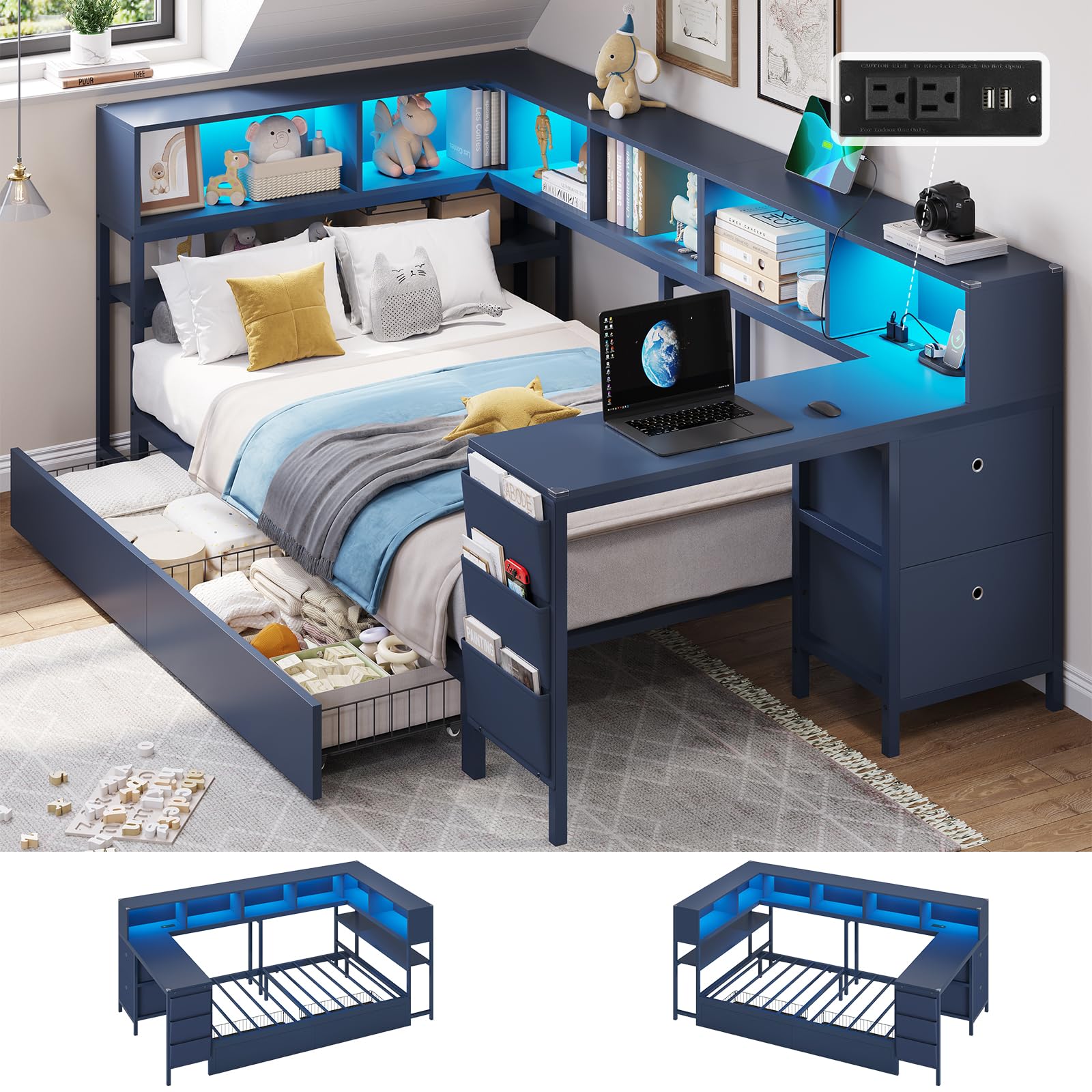 DICTAC Twin Corner Bed Frame with Desk and Storage Bookcase, Navy Blue