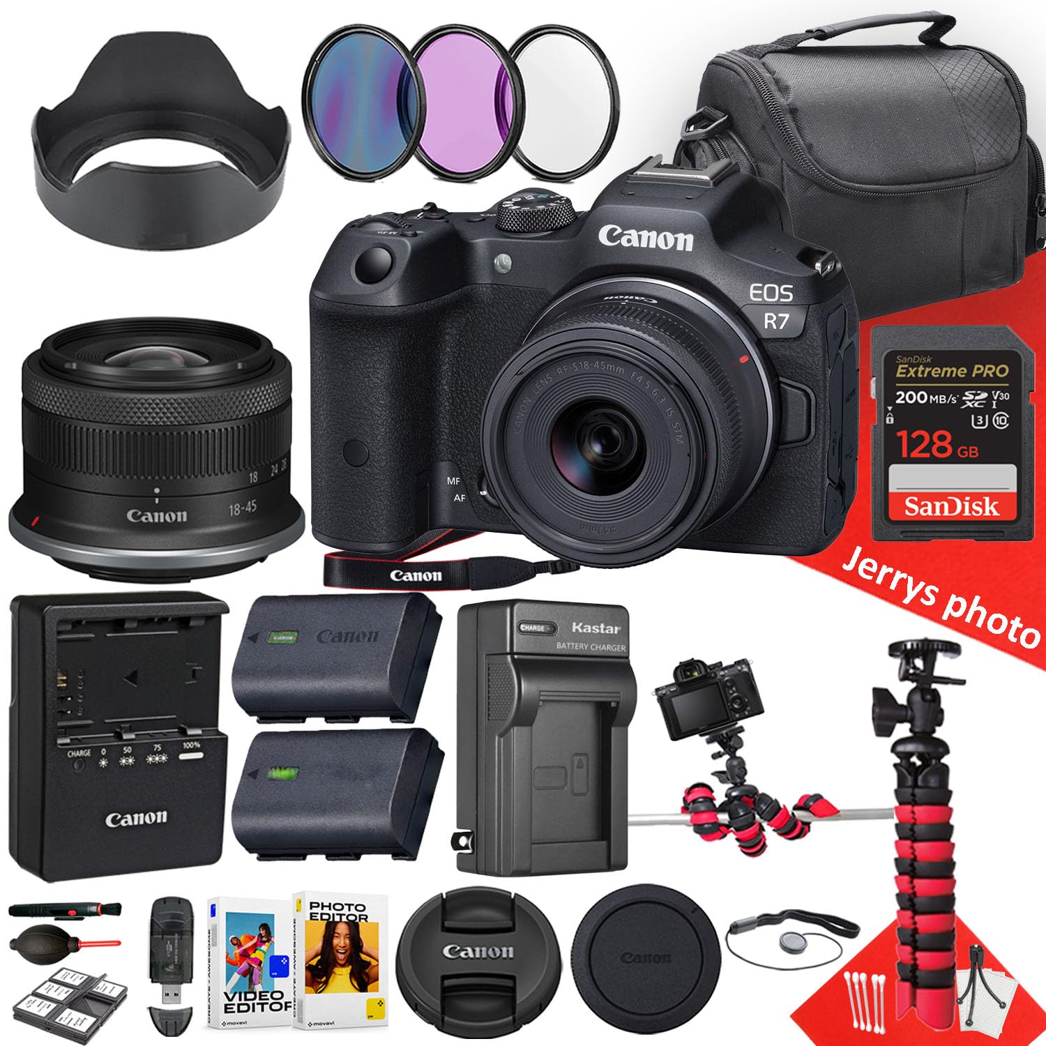 Canon EOS R7 Mirrorless Camera with 18-45mm Lens + 128 GB Memory + Hood + Extra Battery + Filters + More (26pc Bundle) (Renewed)