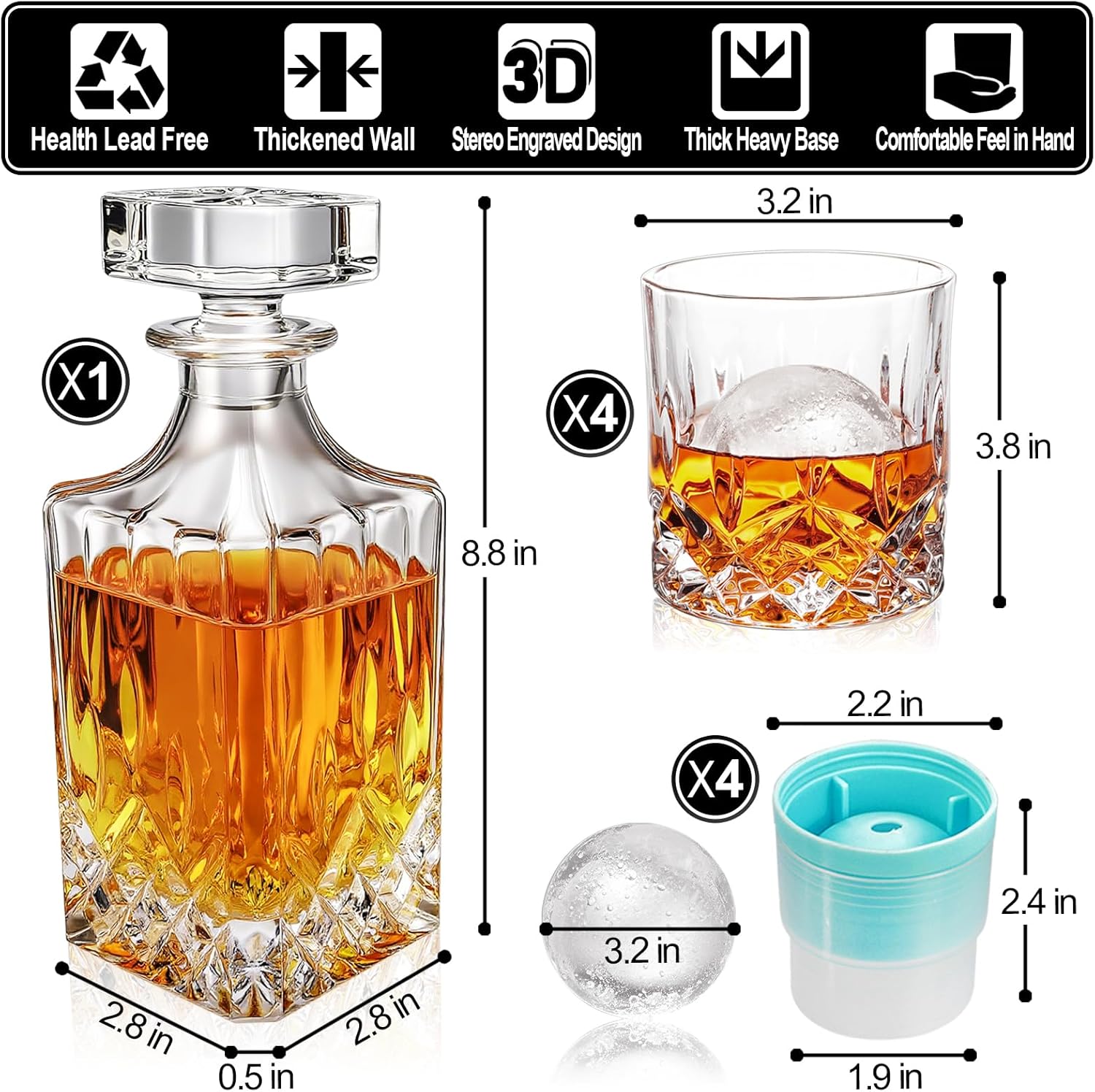 Whiskey Decanter Set for Men, 4*Crystal Whiskey Glasses(Get 4 Silicone Ice Mold Free), Lead-Free Decanter Set for Whiskey, Bourbon, Scotch, Anniversary Christmas Gifts for Dad, Husband, Whiskey Lovers - Image 6