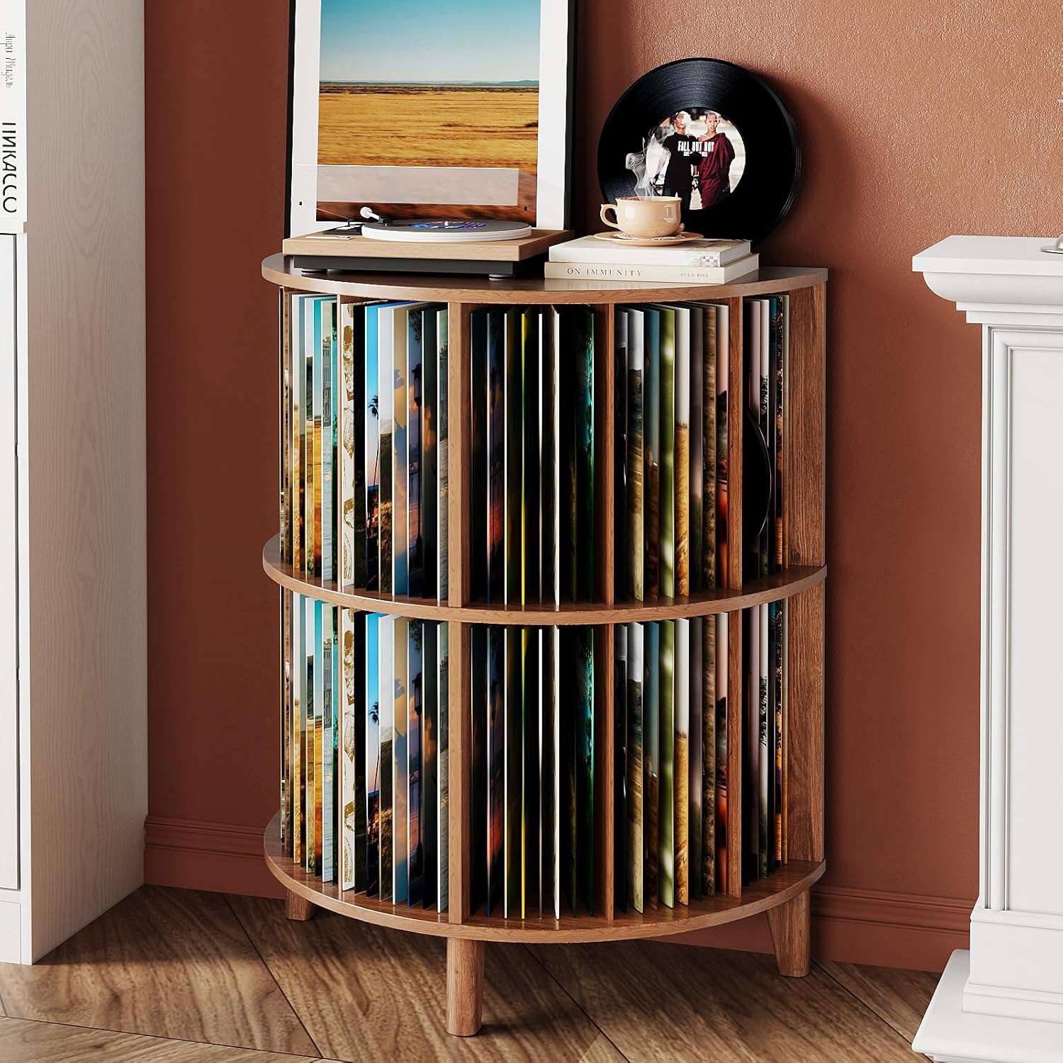 GiftGo 3-Tier Vinyl Record Storage Half Round Mid Century Vintage Player Table with Spacious Storage Turntable Stand Perfect for Living Room Bedroom (Walnut, L-27.5)