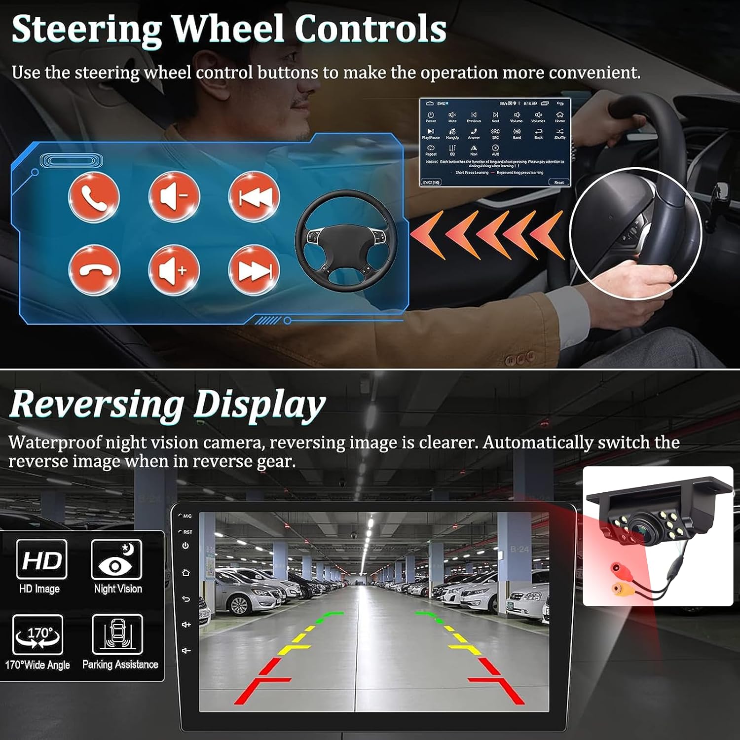Diagram illustrating steering wheel control buttons and their functions on the car stereo