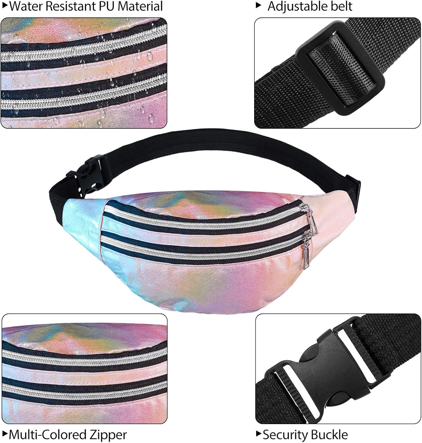 6 Pieces Holographic Fanny Pack Shiny Waist Bag with Pouches and Adjustable Belt Waterproof Neon PU Waist Pack Waist Bag for Traveling Running Partying (Artsy Style) - Image 3