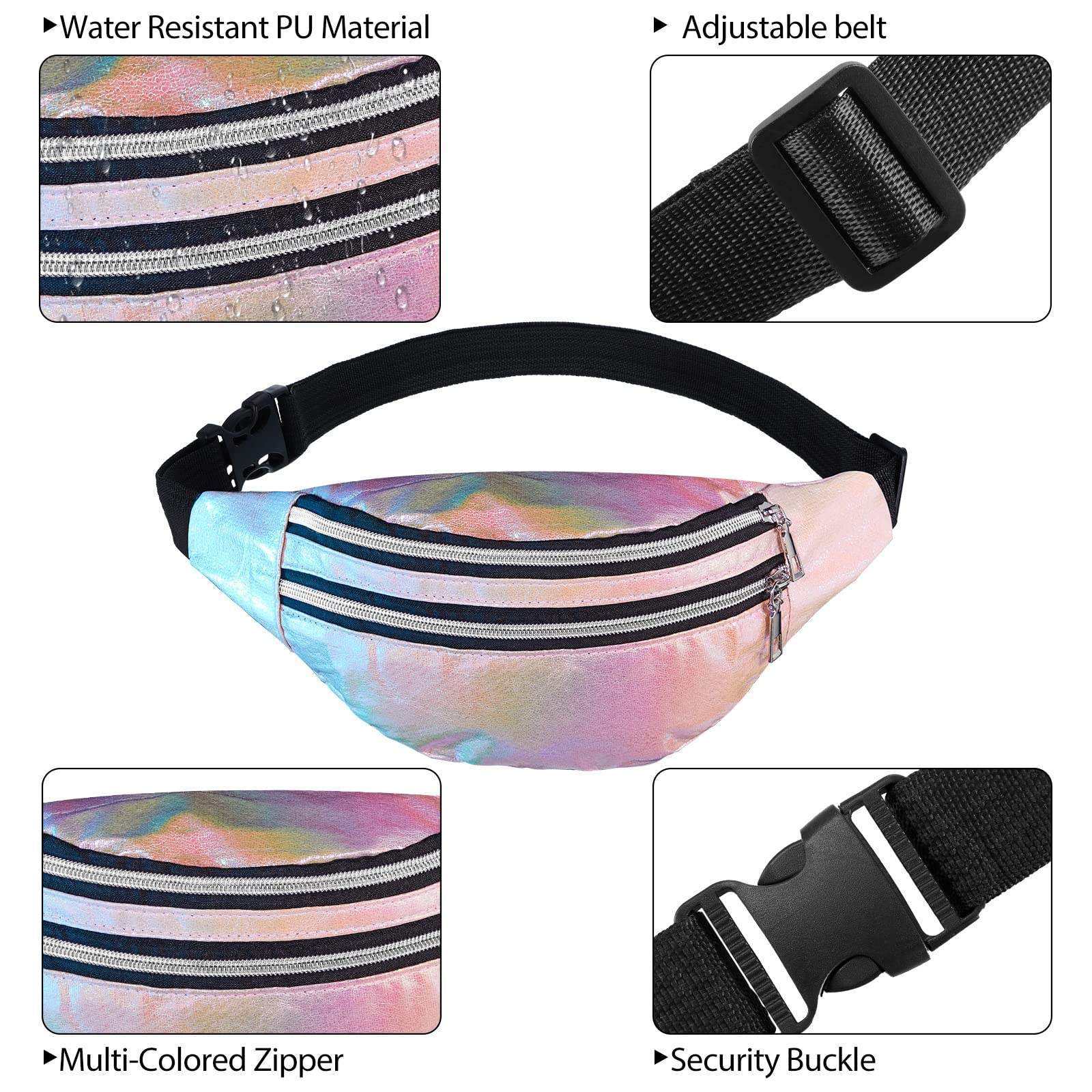Lot de 6 sacs banane holographiques brillants avec pochettes et ceinture réglable - Étanche - En polyuréthane fluo - Pour voyage, course à pied, fête, Small, Style artistique