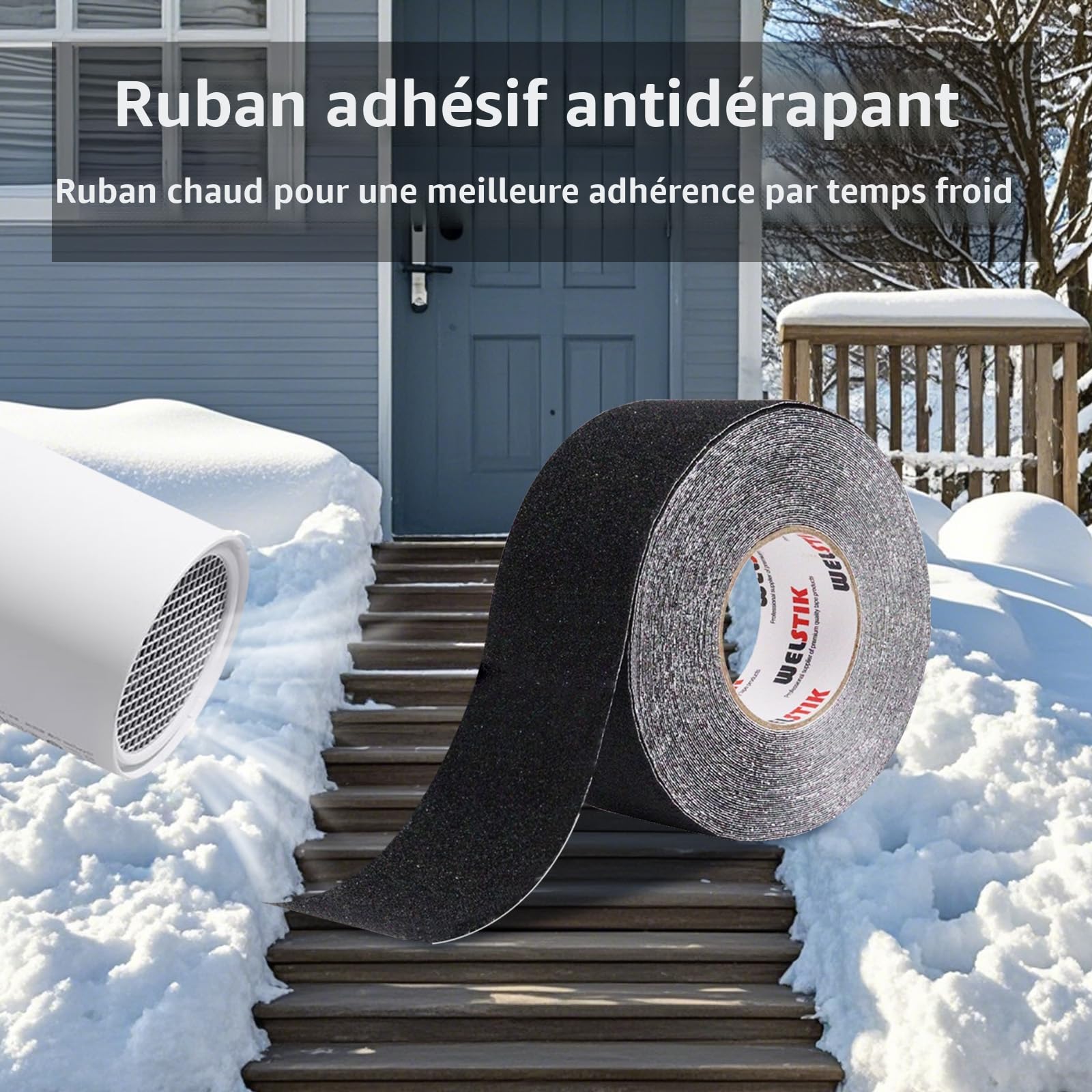 WELSTIK Ruban adhésif antidérapant avec autocollant, 100 mm x 20 m - Bande adhésive antidérapante pour escaliers et marches - Adhésif à haute traction pour intérieur et extérieur - Imperméable - Noir