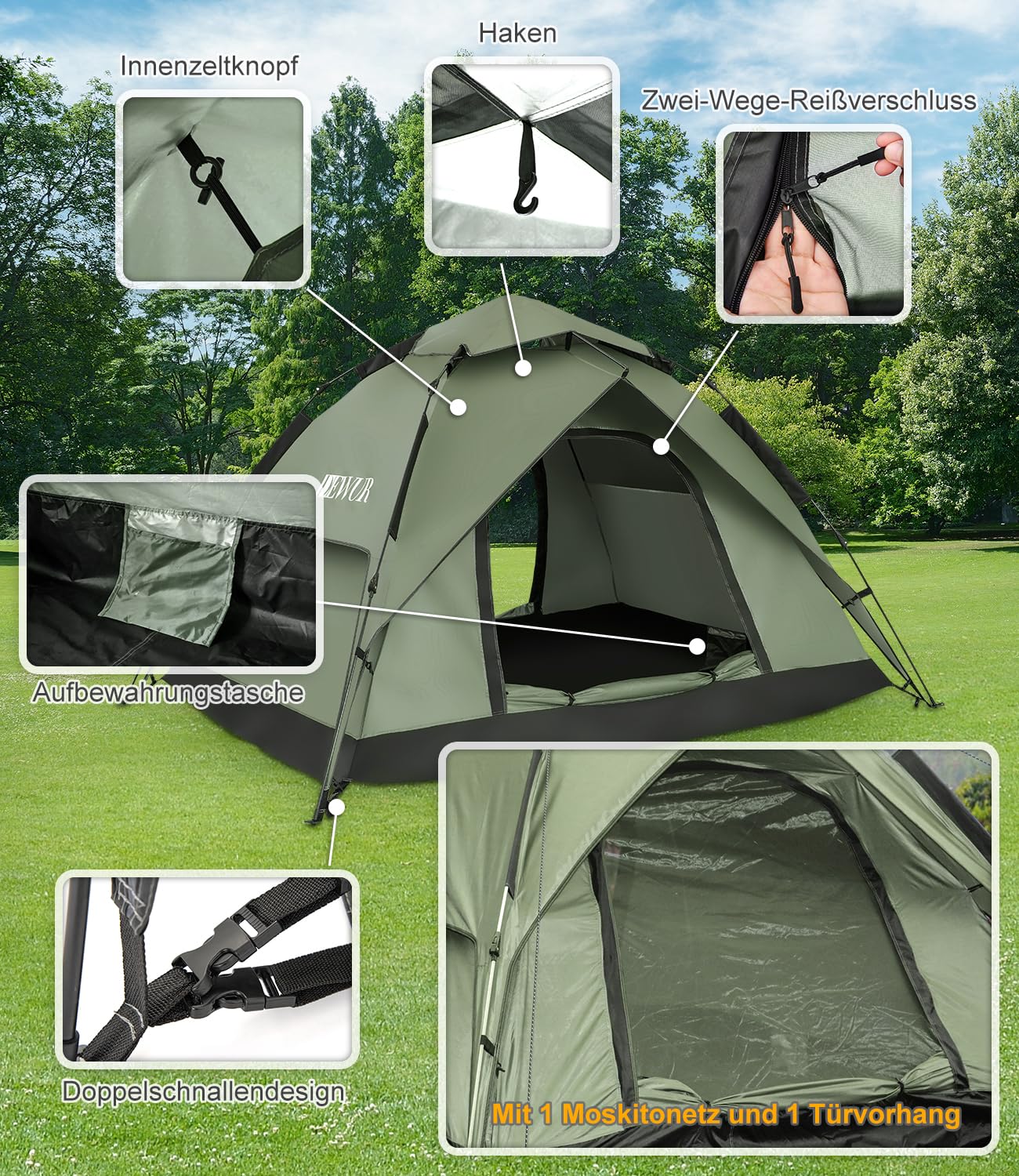 DEWUR Tenda da campeggio per 2-4 persone, impermeabile, pop-up, tenda da spiaggia, gazebo, tenda da sole, protezione UV per trekking, campeggio, attività all'aperto, festival