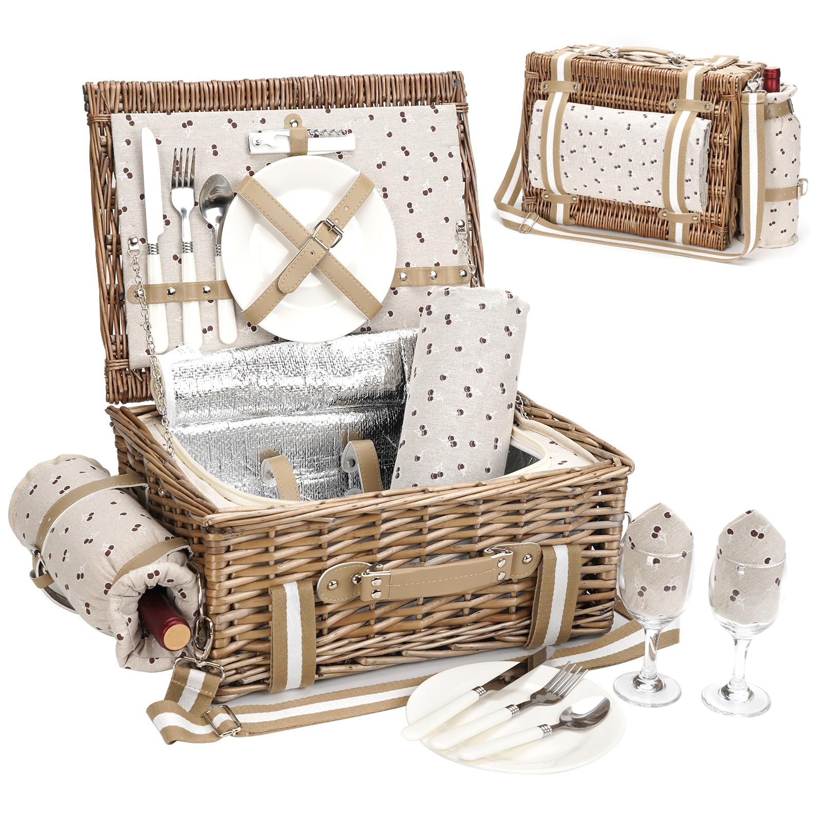 Picnic Basket for 2 with Blanket - Picnic Basket Set with Insulated Cooler, Wine Bag & Removable Shoulder Strap, Handmade Wicker Picnic Basket Gift for Couples, Christmas, Birthday, Wedding, Outdoor.