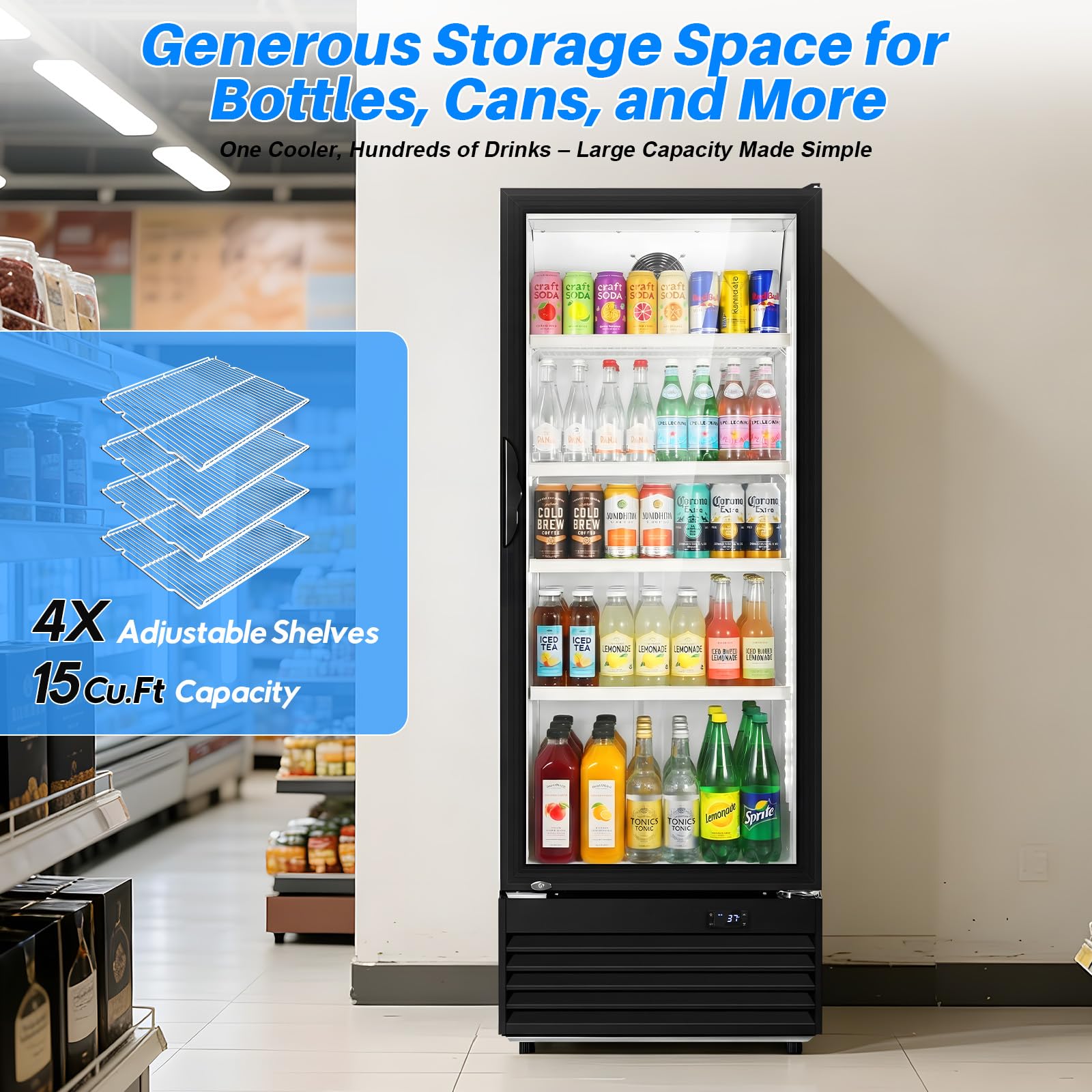 Commercial Beverage Refrigerator, 24.5" Glass Door Display Fridge, 15 Cu.Ft Freestanding Beverage Cooler With 4 Adjustable Shelves, Auto Rebound Door, Low Noise, For Shops, Restaurants & Bars, Black on Fridge.com - View 2