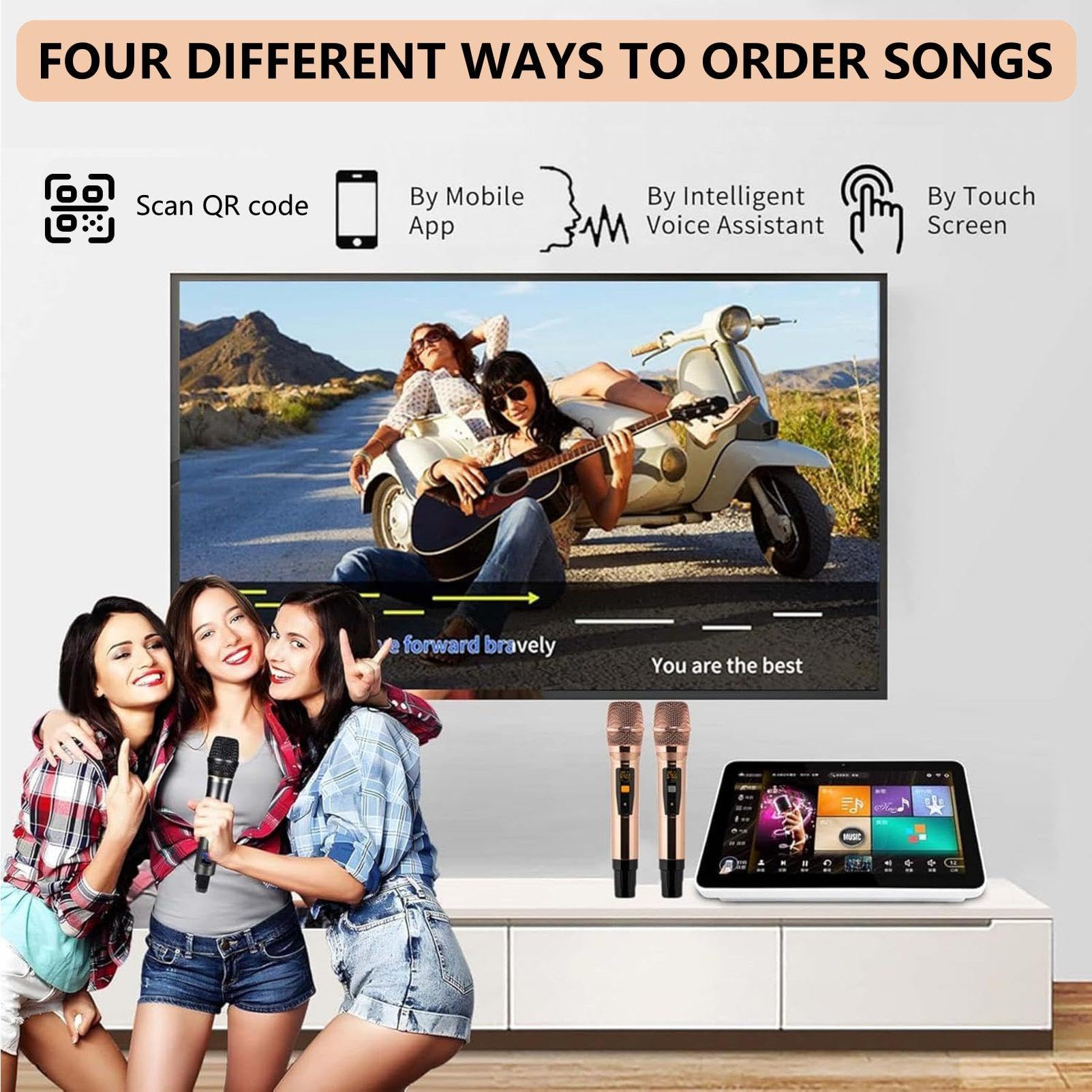 Macchina per karaoke con microfono wireless, punteggio in tempo reale e libreria cloud di YouTube per l'intrattenimento domestico