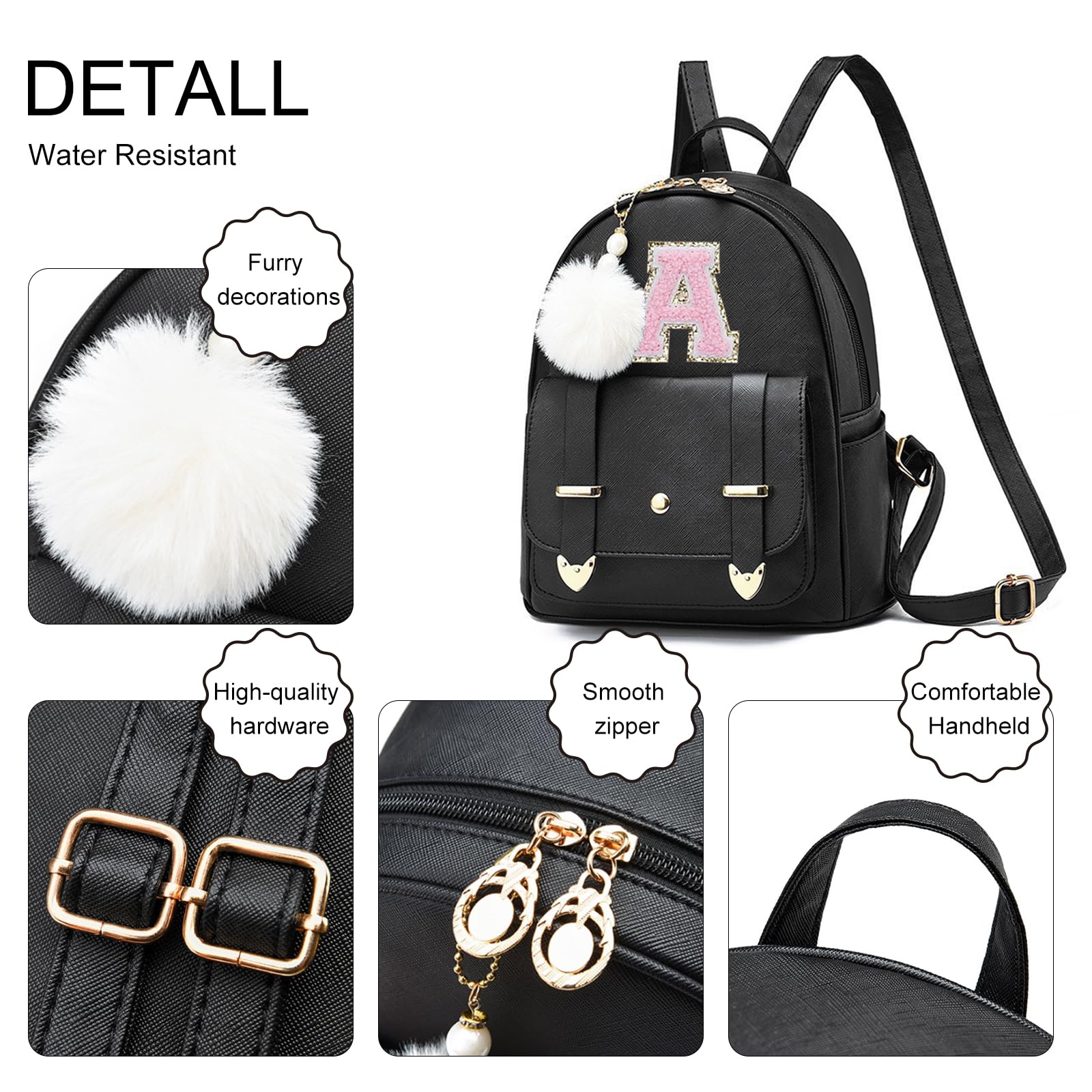 CALLPIONEER Initial Cute Mini Backpack Purse for Women Pompom Back pack Shoulder Bag (Letter A)