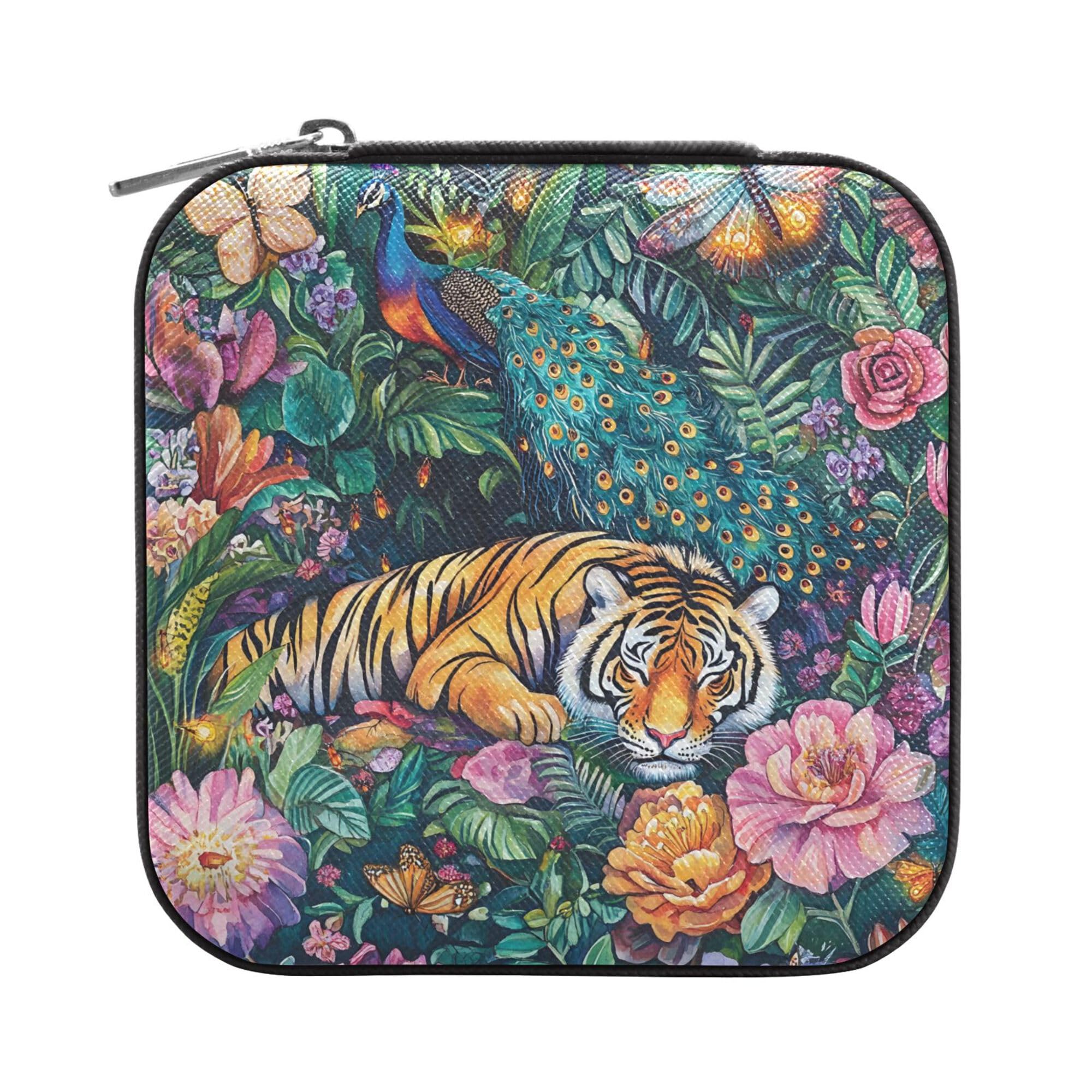 MNSRUU Small Jewelry Box Storage and Organizer Tiger Flowers Mini Travel Jewelry Case Portable Earring Ring Organizer Boxes for Women Girls, Black