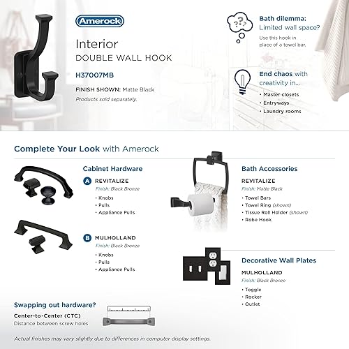 Miniatura 5 de Amerock H37007MB  Gancho decorativo de pared de doble punta de aliso  Gancho negro mate para abrigos, sombreros, mochilas, bolsas  Ganchos para