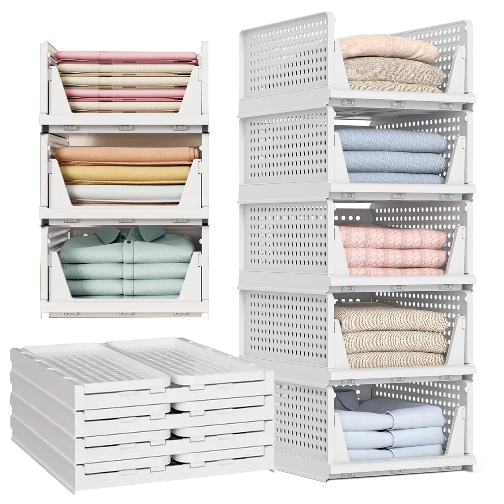 Atek 5 Pack Wardrobe Storage Organiser Foldable & Stackable Plastic Baskets Space-Saving Clothes Organisers Bins Cupboard Closet from B&Q
