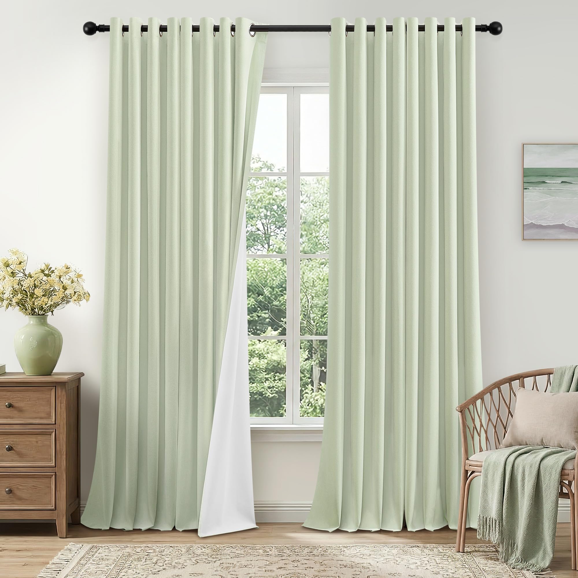 Green Blackout Curtains for Bedroom Living Room 96 Inch Drop 2 Panels Thermal Eyelet Black Out Curtains with Coating Back Energy Efficiency Soundproof Faux Linen Curtains & Drapes, Green, 52"W x 96"L