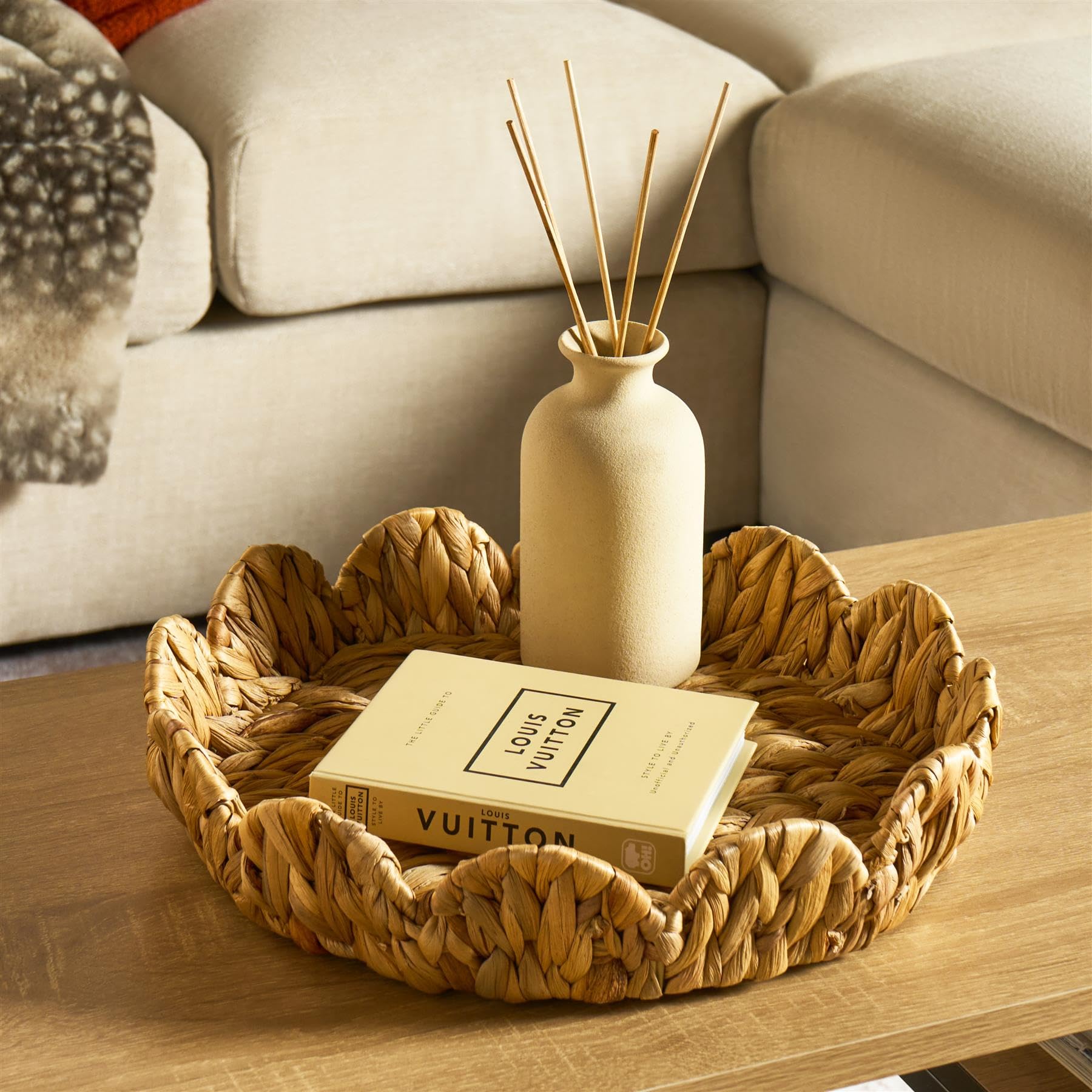 Ohs Natural Wicker Tray, Decorative Seagrass Tray For Coffee Table Handwoven Serving Trays For Coffee Beverage Breakfast Tea Candles Kitchen Counter Display Trays,