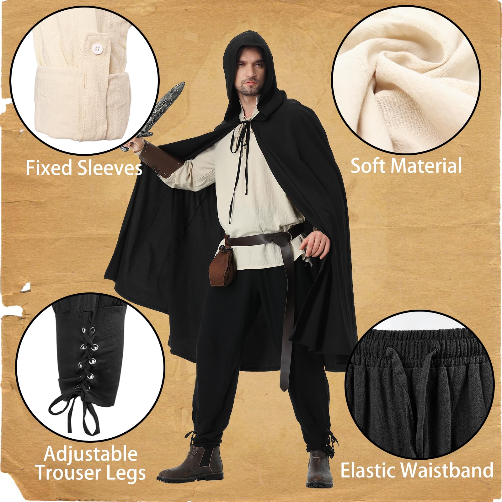 Costume Médiéval de la Renaissance pour Homme 7Pcs Costume de Viking Pirate Chemise à Lacets Pantalon avec Ceinture Protège-Poignets et Autres Accessoires