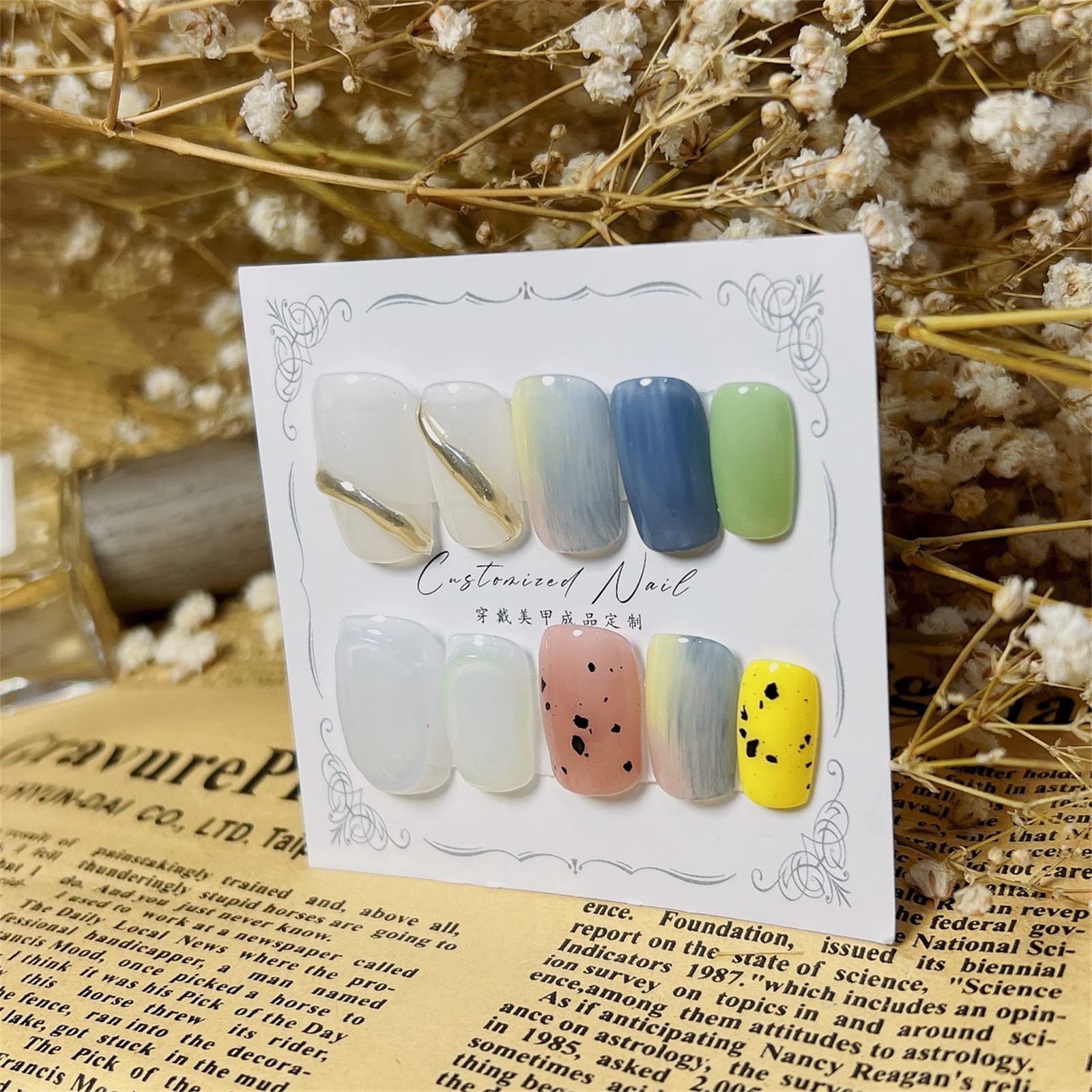 AKAZI Unghie a Pressione, 10 Pezzi di Manicure indossabili, Unghie finte Fatte a Mano, Set di Unghie finte Artificiali riutilizzabili per Donne e Ragazze (L, F) (GM)