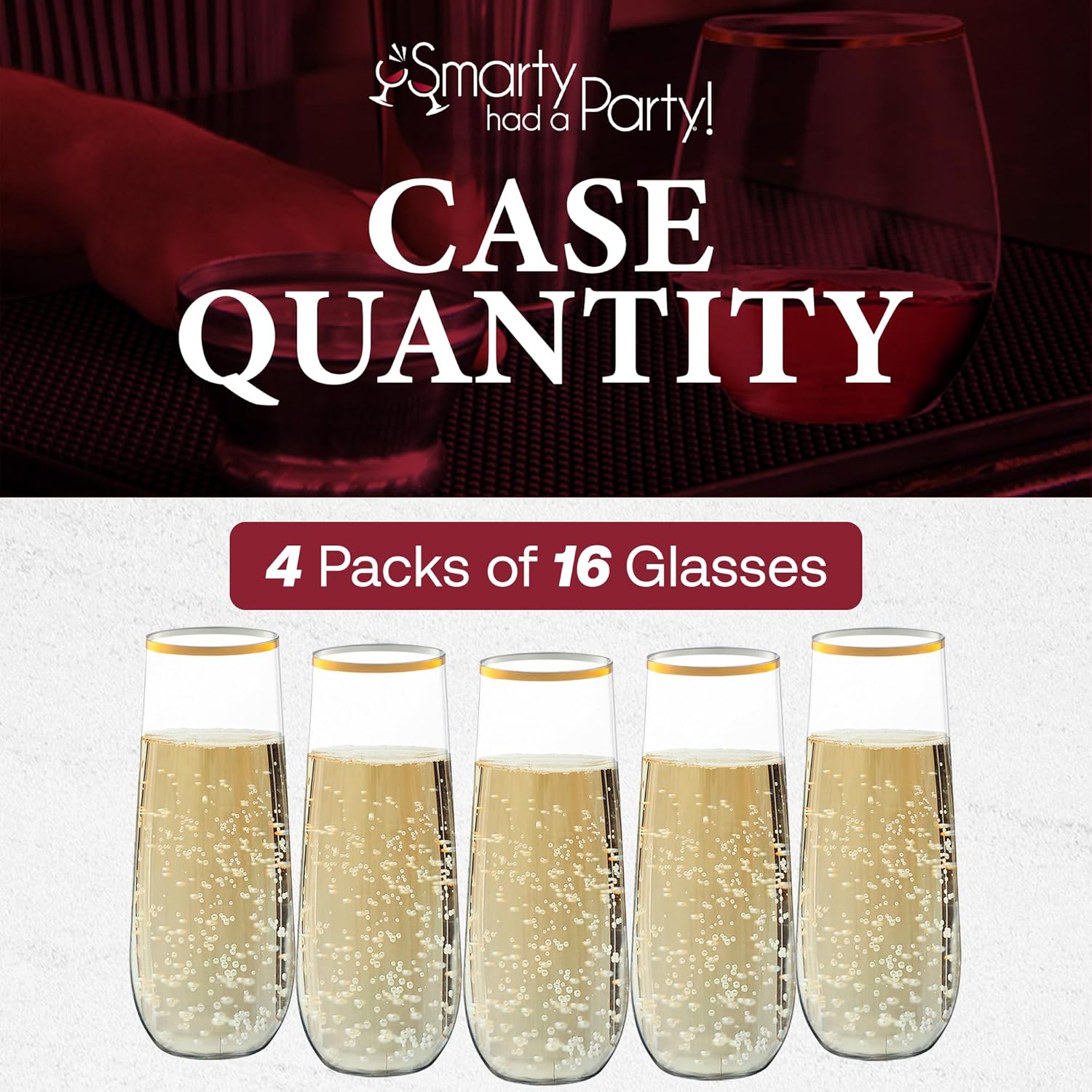 Smarty Had A Party 9 oz Champagne Flutes – 64 Clear Plastic Stemless Champagne Flutes with Gold Rim, Unbreakable Disposable Drinkware for Weddings & Events
